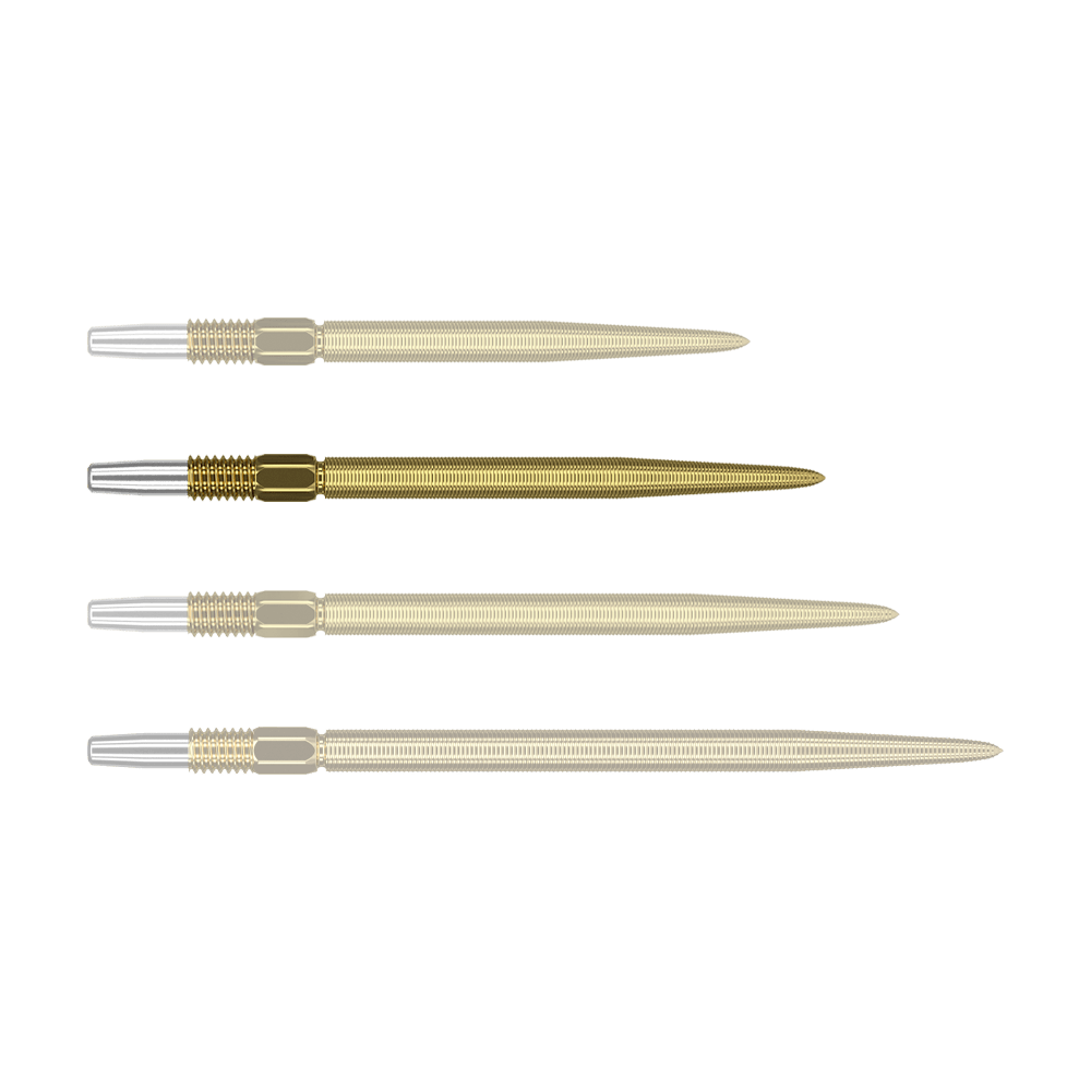 Target Swiss Point Nano Dart Tips - Złoto Das Bild zeigt vier goldene Dartspitzen mit silbernem Befestigungsende, die nebeneinander liegen. Die Spitzen sind gleich lang und haben eine feine Riffelung entlang der gesamten Länge.