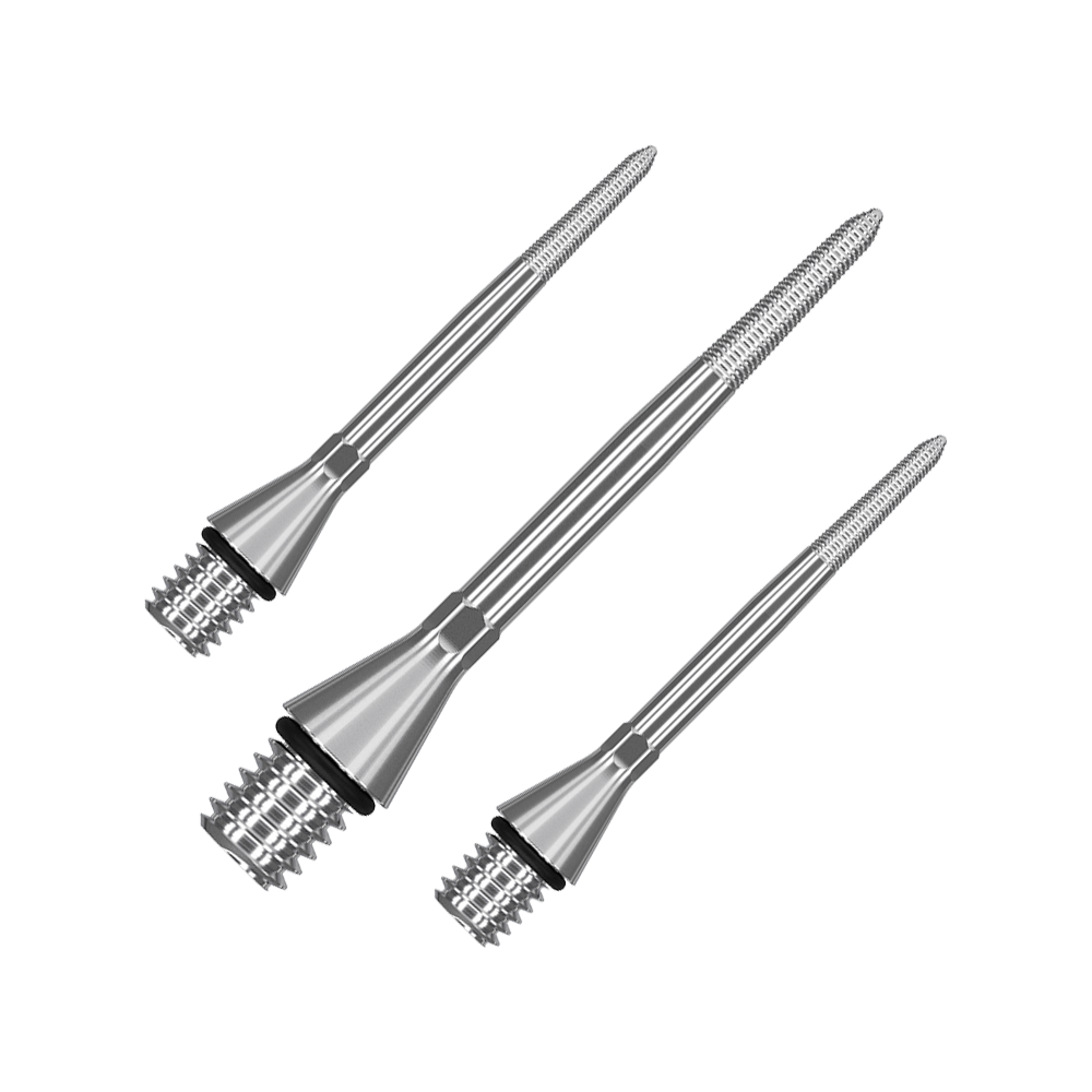 380169_Target_Titanium_Swiss_Point_Nano_Conversion_Points_Silber_30mm_1 Das Bild zeigt drei silberne, spitz zulaufende Metallaufsätze. Sie sind glänzend und haben ein präzises, geriffeltes Ende.