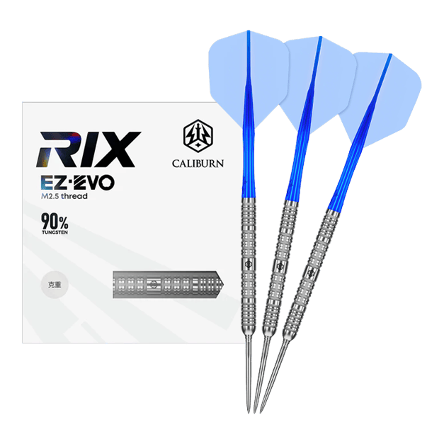 Stalowe lotki Caliburn Rix EZ-EVO R1 Das Bild zeigt das vollständige Set der Caliburn Rix EZ-EVO R1 Steeldarts. Es handelt sich um professionelle Steeldarts für ambitionierte Spieler.