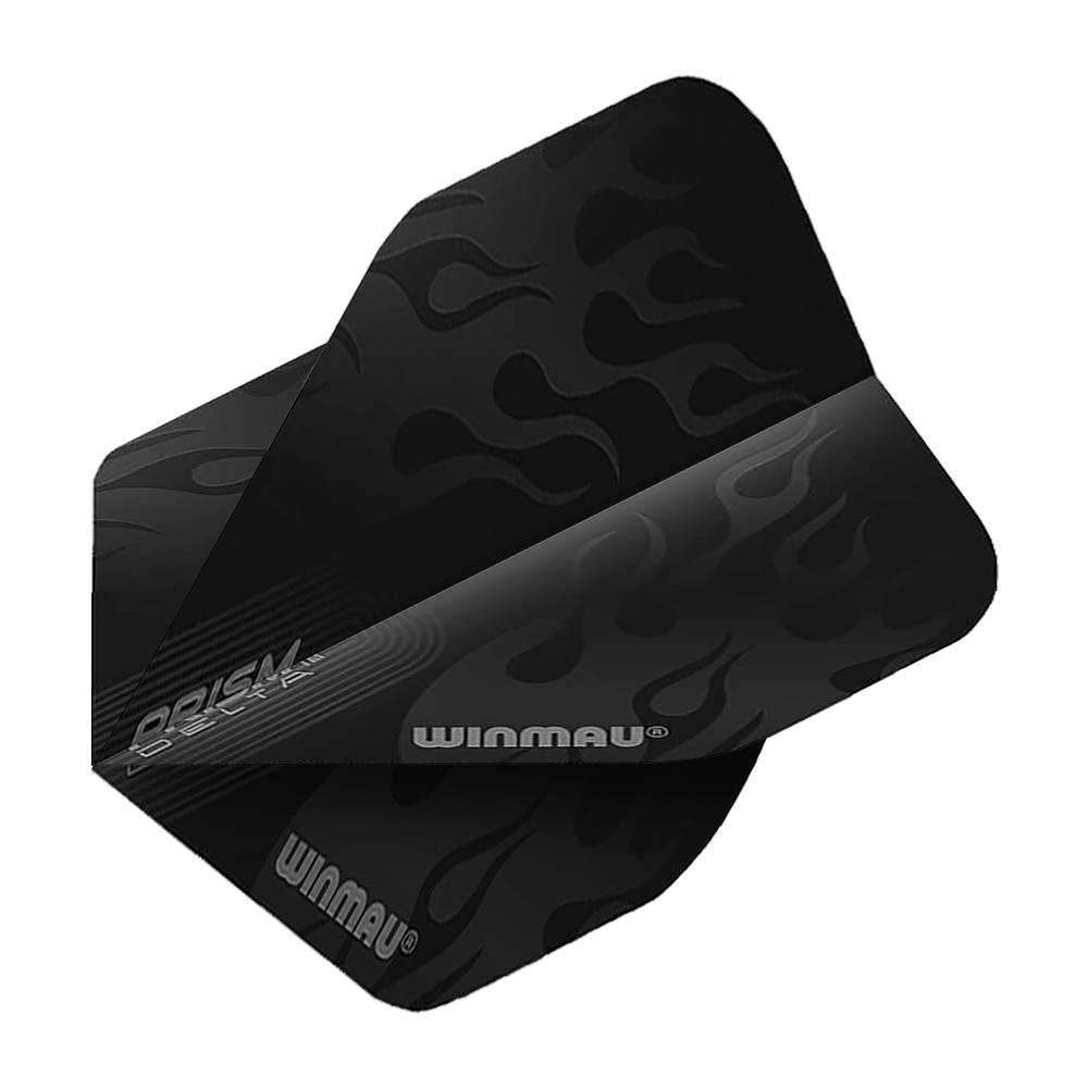 6915-202_Winmau_Prism_Delta_6915-202_Standard_Flights_2 Das Bild zeigt das Produkt "Winmau Prism Delta 6915.202 Standard Flights". Die Flights sind schwarz mit einem Flammenmuster und dem Winmau-Logo bedruckt.