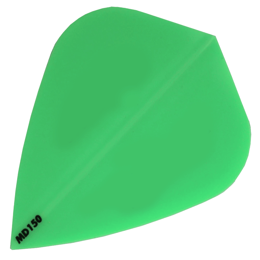 MD150-Kite-Gr-n Das Bild zeigt das Produkt "McDart MD150 - Kite Flight". Es handelt sich um ein grünes Dart-Flight mit der Aufschrift "MD150" in der unteren Ecke.