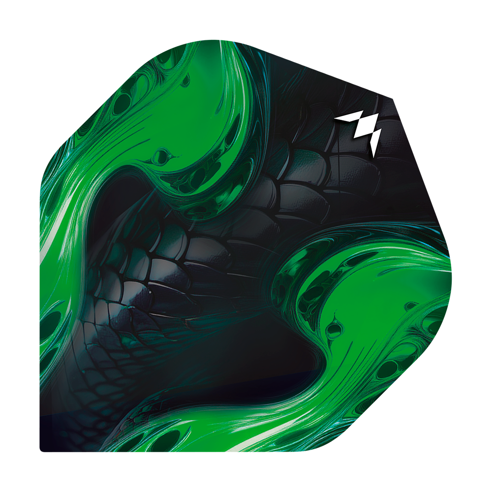 Misja Solo Venom nr 2 Standardowe loty Das Bild zeigt ein Dartflight mit schwarzem, schuppigem Muster und leuchtend grünen Akzenten. In der oberen rechten Ecke befindet sich ein weißes Logo.