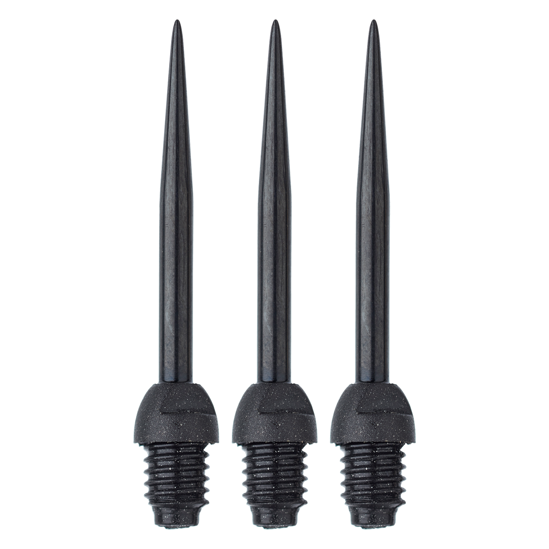 Winmau_Point-Converters Das Bild zeigt drei Winmau Carbon Point Converters, auch Conversion Points genannt. Sie sind schwarze Spitzen mit einem Schraubgewinde am unteren Ende.