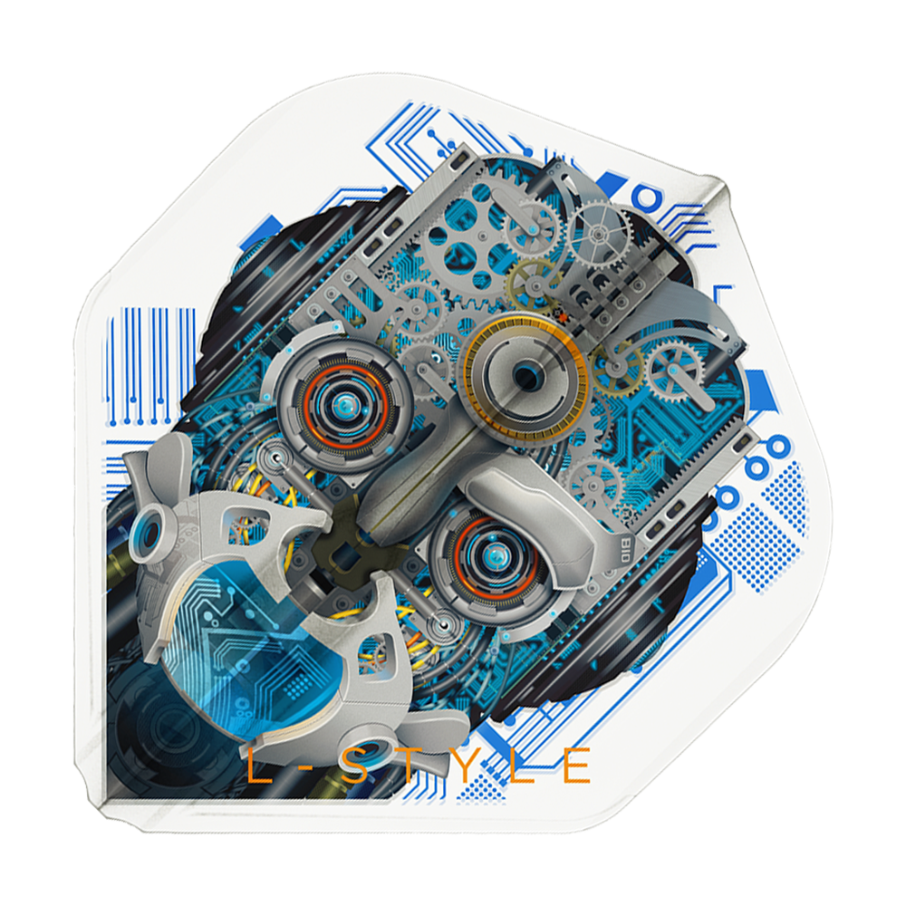 Loty L1EZ w stylu L Berry Van Peer V3 Clear White Das Bild zeigt ein Dartflight mit einem detaillierten, mechanischen Roboterkopf auf weißem Hintergrund. Unten ist der Schriftzug "L-STYLE" in orange zu sehen.