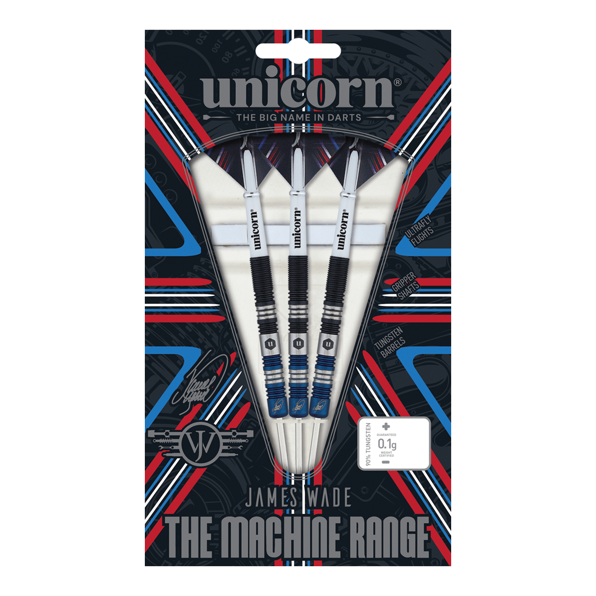 Unicorn The Machine James Wade Dwukolorowe stalowe lotki Das Bild zeigt eine Packung mit drei Steeldarts der Marke Unicorn aus der "The Machine Range" von James Wade. Die Verpackung ist bunt gestaltet und hebt die Merkmale der Darts wie die Tungsten-Barrels und die spezielle Griffigkeit hervor.