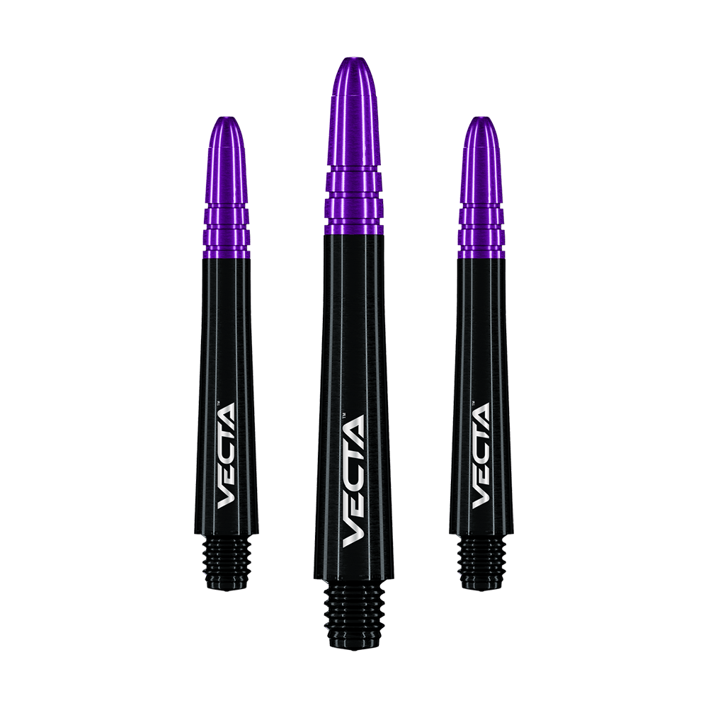 Das Bild zeigt drei Dartschäfte in Schwarz und Lila mit der Aufschrift "VECTA". Sie sind nebeneinander angeordnet und haben ein modernes, glänzendes Design.