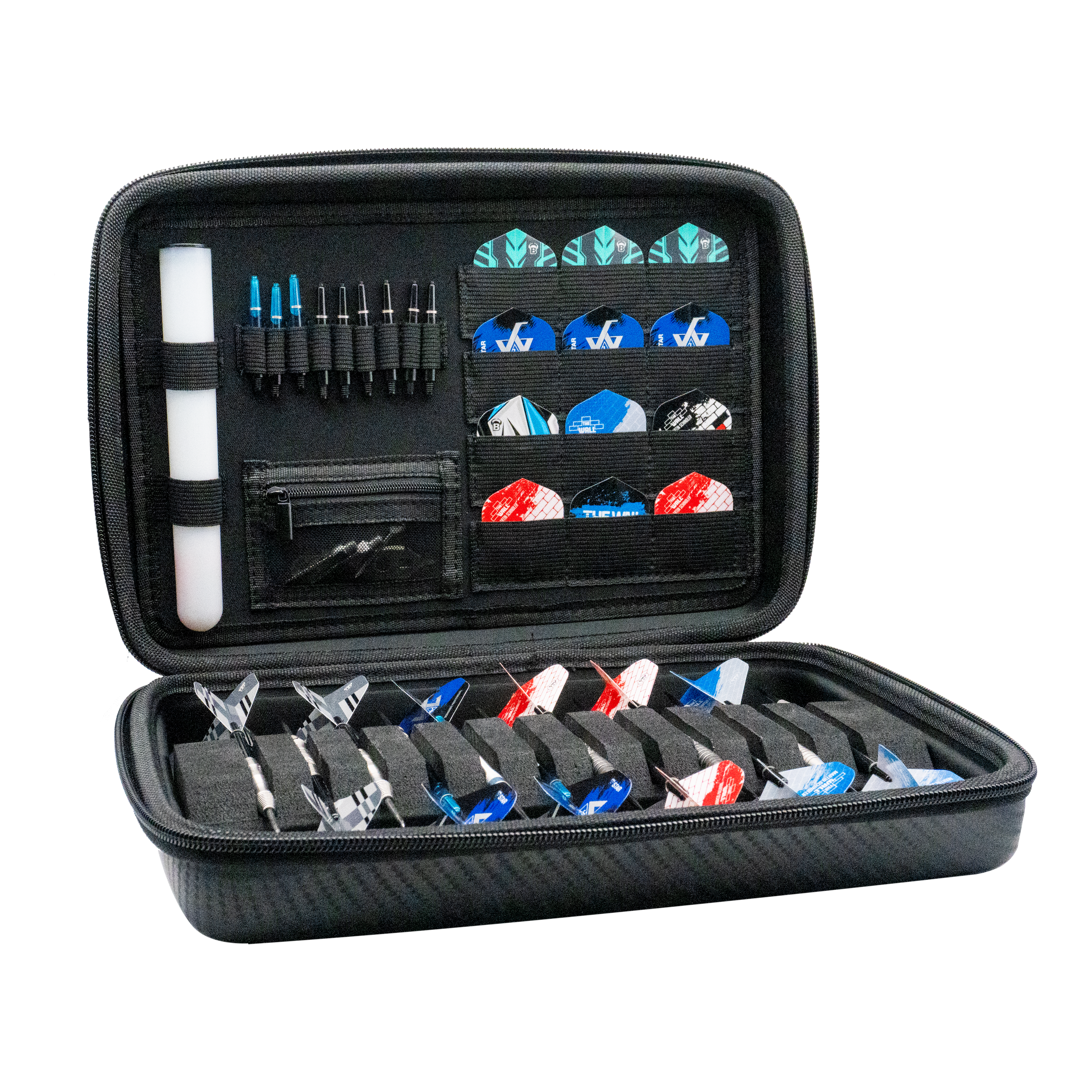 Etui na lotki Bulls Orbis XXL - karbonowo-szare Das Bild zeigt das Bulls Orbis XXL Dartcase in Carbongrey, geöffnet mit verschiedenen Darts und Zubehör ordentlich einsortiert. Das Etui bietet viel Platz für Darts, Flights und weiteres Zubehör.