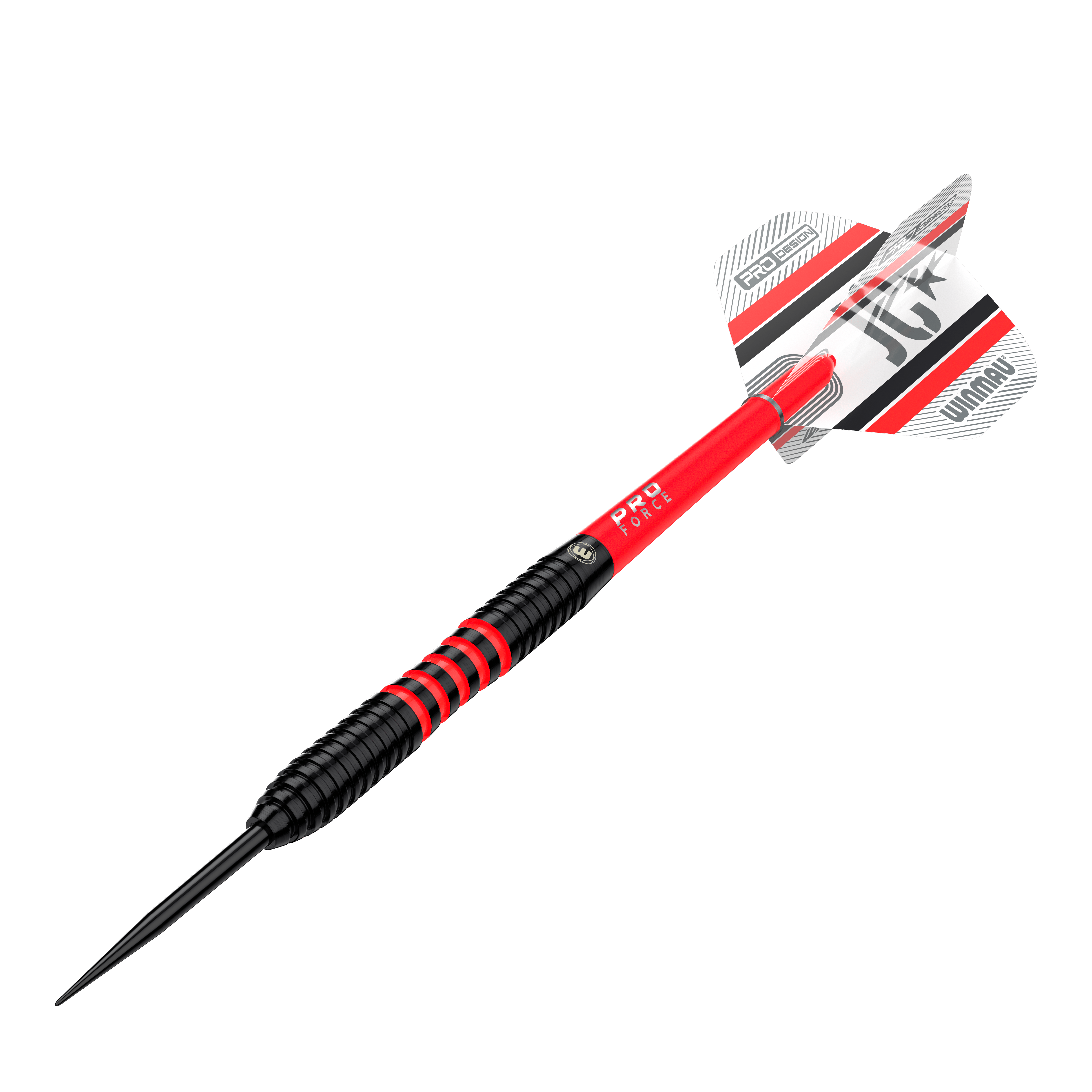 Stalowe lotki Winmau Joe Cullen 85 Pro-Series Das Bild zeigt einen Winmau Joe Cullen 85 Pro-Series Steeldart. Der Dart ist überwiegend schwarz und rot mit weißen und roten Akzenten an den Flights.