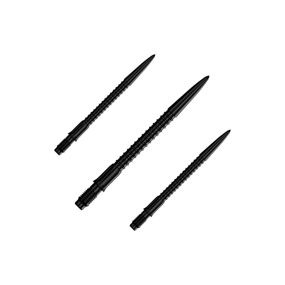 Końcówki do lotek Mission R2.5 Rapid Point GV1 – czarne Ein Set schwarzer Dartspitzen ist abgebildet. Die Spitzen sind für Darts und 30 mm lang.