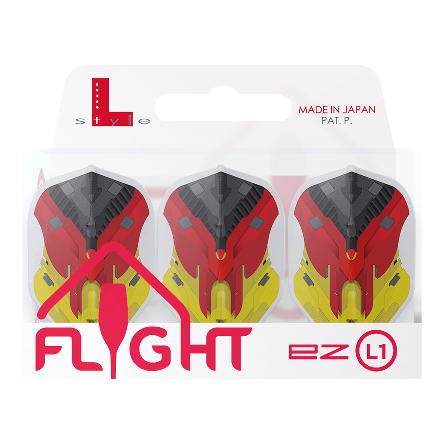 Das Bild zeigt drei Dartflights der Marke L-Style in einer Verpackung. Die Flights sind in den Farben Schwarz, Rot und Gelb gestaltet und tragen die Aufschrift "Flight EZ L1".