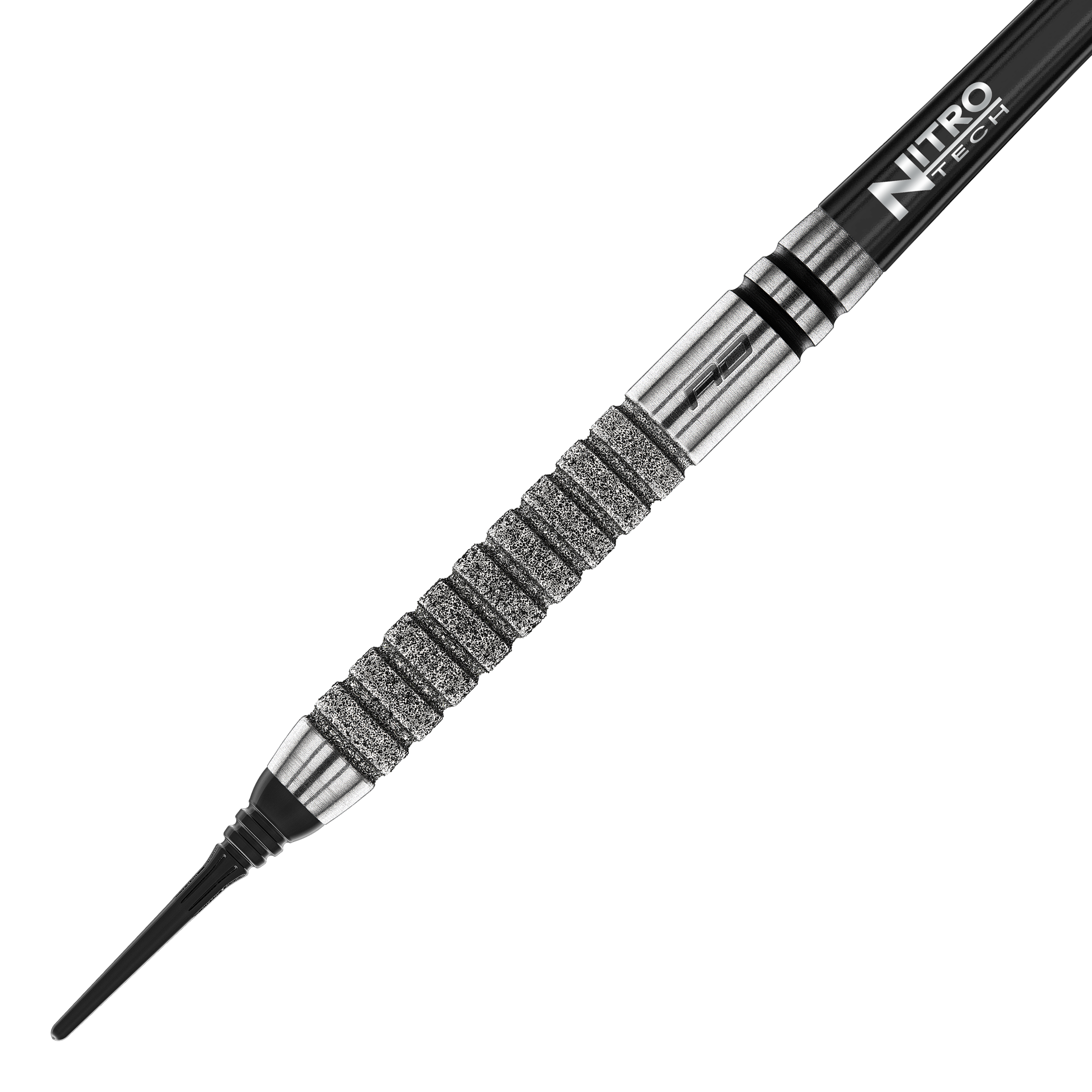 Das Bild zeigt einen Red Dragon Gian Van Veen Tour Edition Softdart mit einem Gewicht von 20g. Der Dartpfeil hat eine silberne, stark gerillte Griffzone und einen schwarzen Schaft mit der Aufschrift "Nitro Tech".