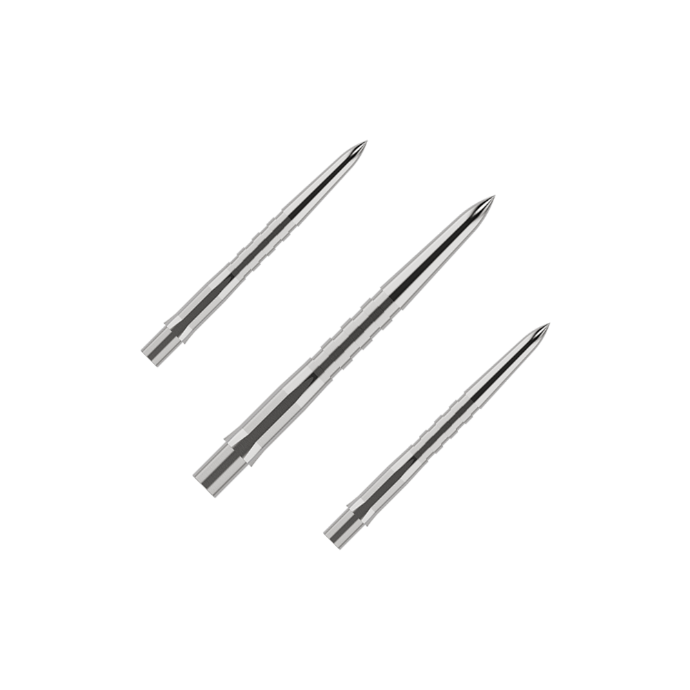 Groty do lotek Mission Caliburn EVO – rowkowane – srebrne Das Bild zeigt drei silberne, gerillte Spitzen für Steeldarts. Sie liegen nebeneinander auf einem grünen Hintergrund.