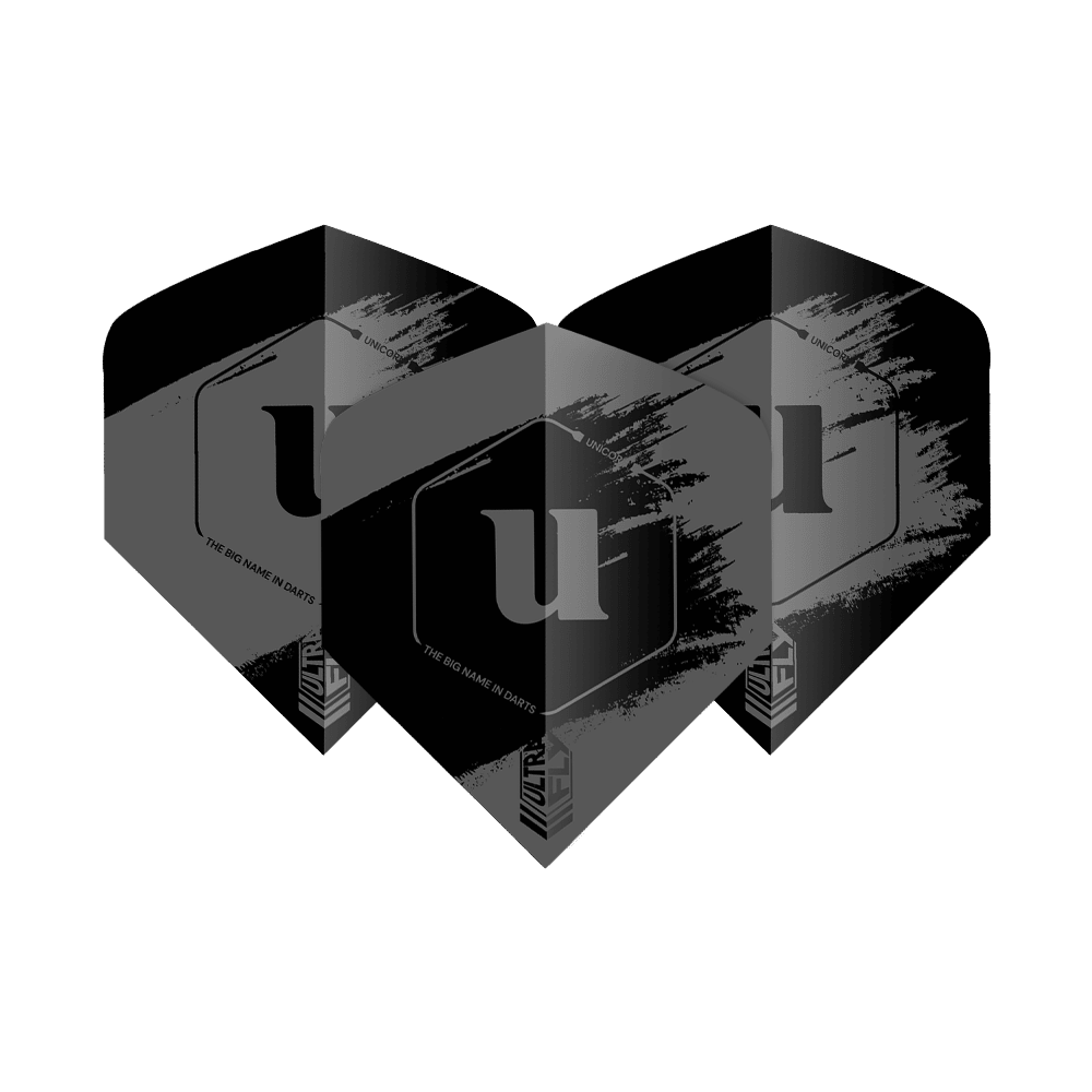 Unicorn Ultrafly 100 Team Unicorn Big Wing Flights - Szary Das Bild zeigt drei graue Dart-Flights der Marke Unicorn Ultrafly 100 Team Unicorn Big Wing. Auf jedem Flight ist ein großes "u" und ein modernes Design mit weißen Akzenten zu sehen.