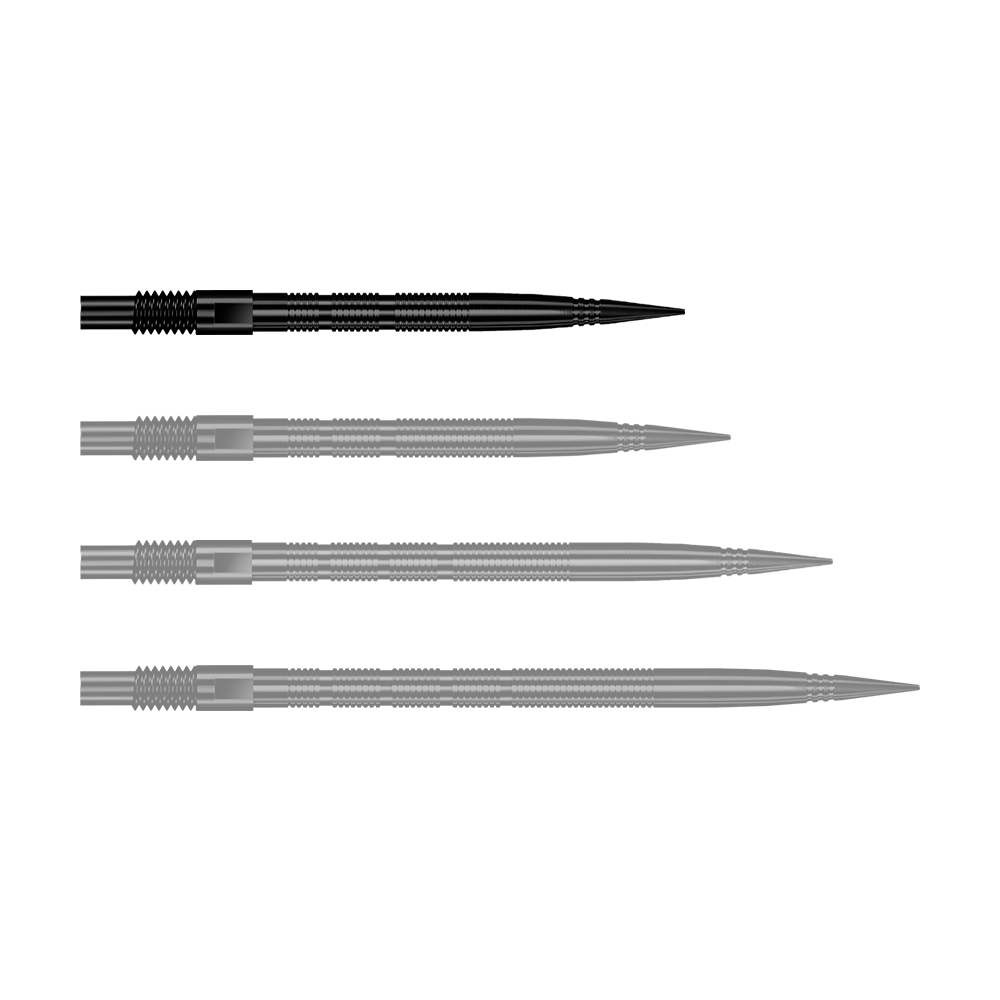 Zu sehen ist eine einzelne schwarze Dartspitze mit Rillenmuster. Dieses Produkt ist als Ersatzspitze für Dartpfeile gedacht.