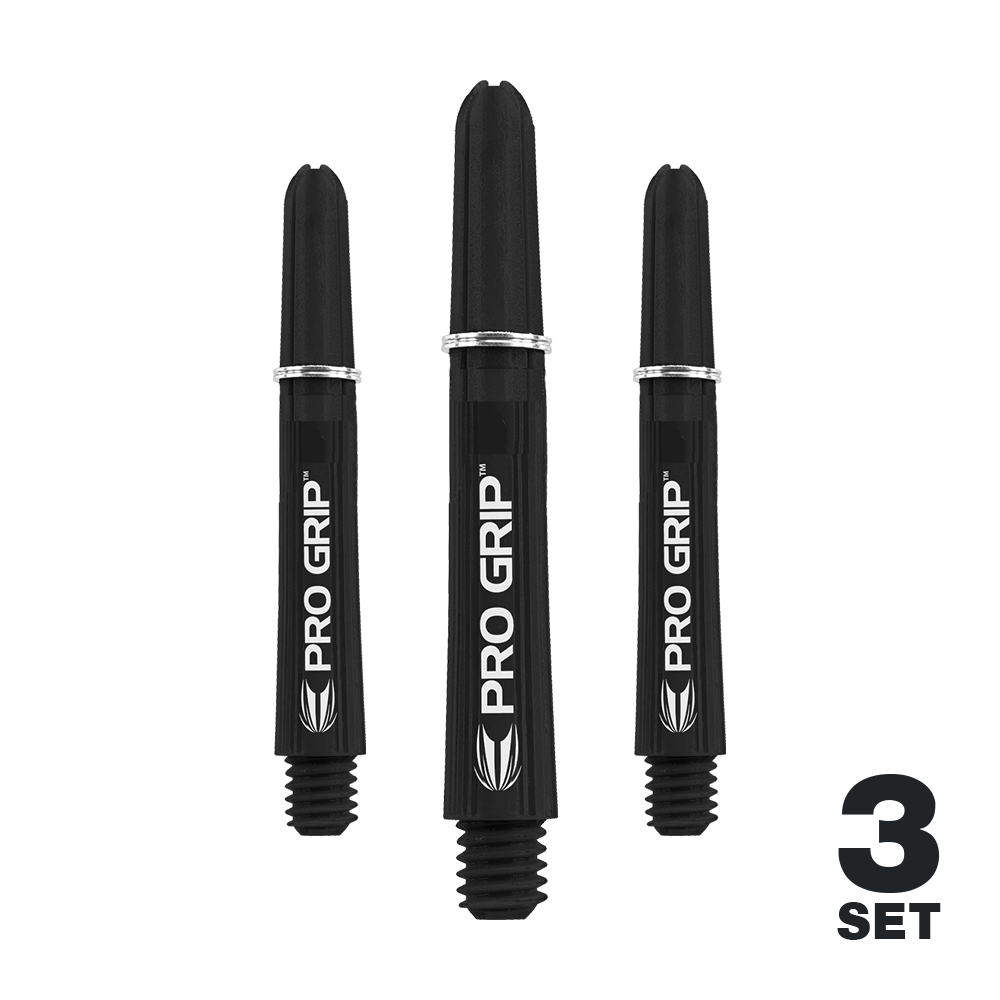 Das Bild zeigt drei schwarze Dart-Schäfte mit der Aufschrift "PRO GRIP". In der rechten unteren Ecke steht "3 SET".