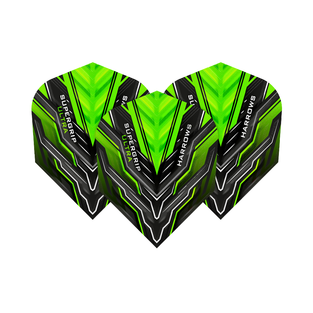 HR11_Harrows_Supergrip_Ultra_Green_Standard_Flights_1FVdoh6L0Plpu7 Das Bild zeigt drei grüne Dart-Flights der Marke Harrows mit dem Namen "Supergrip Ultra". Das Design ist modern und auffällig mit schwarzen und grünen Akzenten.