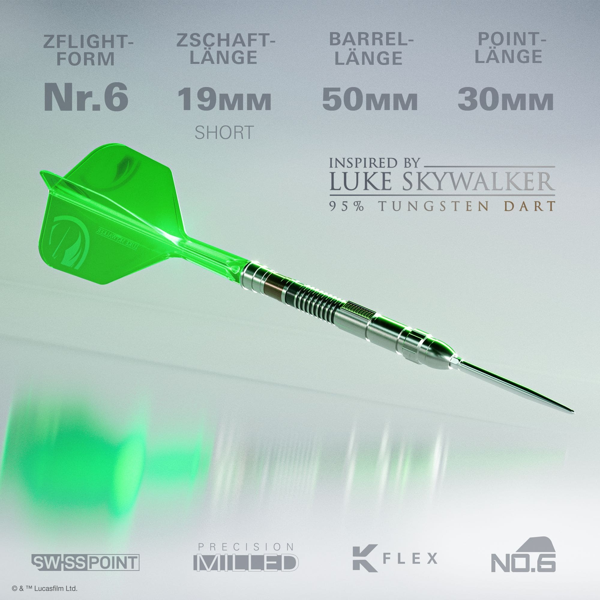 Abgebildet sind die Target Star Wars Luke Skywalker The Jedi Knight Light Saber Limited Edition Steeldarts - 24g. Diese Steeldarts sind vom berühmten Jedi-Lichtschwert inspiriert.