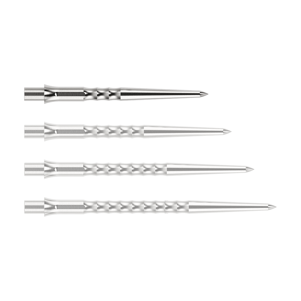 Stalowe groty do lotek Caliburn System - Ripple - NoLip - srebrne Abgebildet ist eine silberne Steeldartspitze des Typs Ripple NoLip mit 28mm Länge. Die Spitze liegt frontal auf einer hellen Fläche.