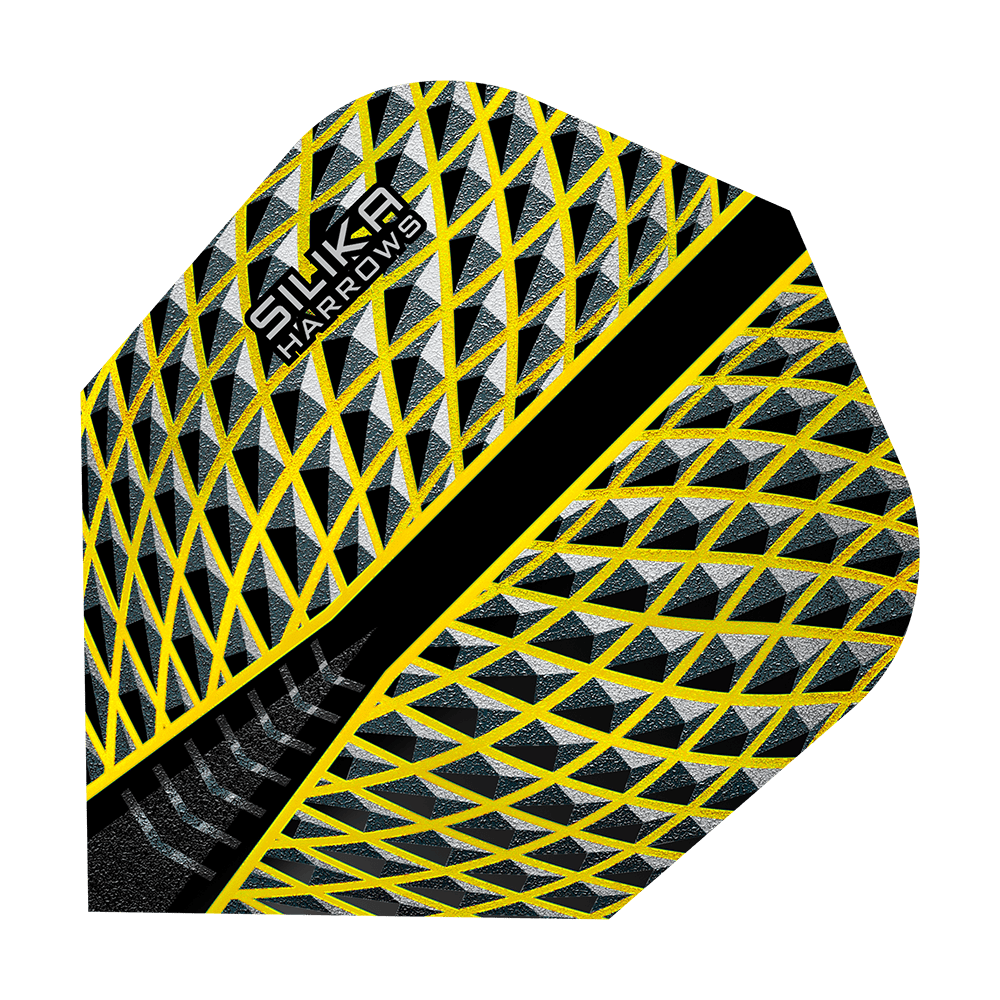 HR86_Harrows_Silika_Yellow_No6_Flights_1vWvVMxdoai0wb Das Bild zeigt das Produkt "Harrows Silika Yellow No6 Flights". Das Flight hat ein gelbes und schwarzes geometrisches Muster mit dem Logo "Silika Harrows" darauf.