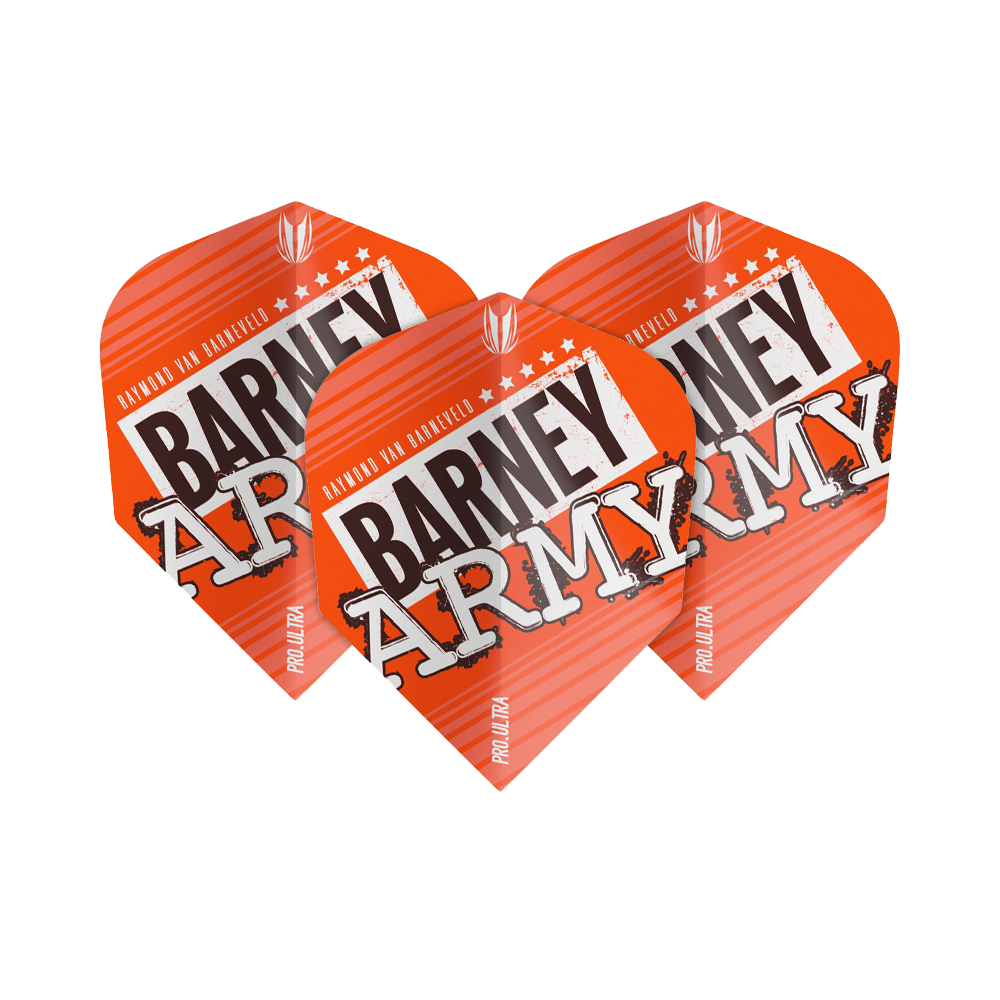 TG64_334310_Target_ProUltra_Barney_Army_Orange_Ten-X_Flights_1wac9FFhLsG2Pj Das Bild zeigt drei orangefarbene Dart-Flights mit der Aufschrift "BARNEY ARMY". Sie gehören zur Produktreihe "Target ProUltra Barney Army Orange Ten-X Flights".