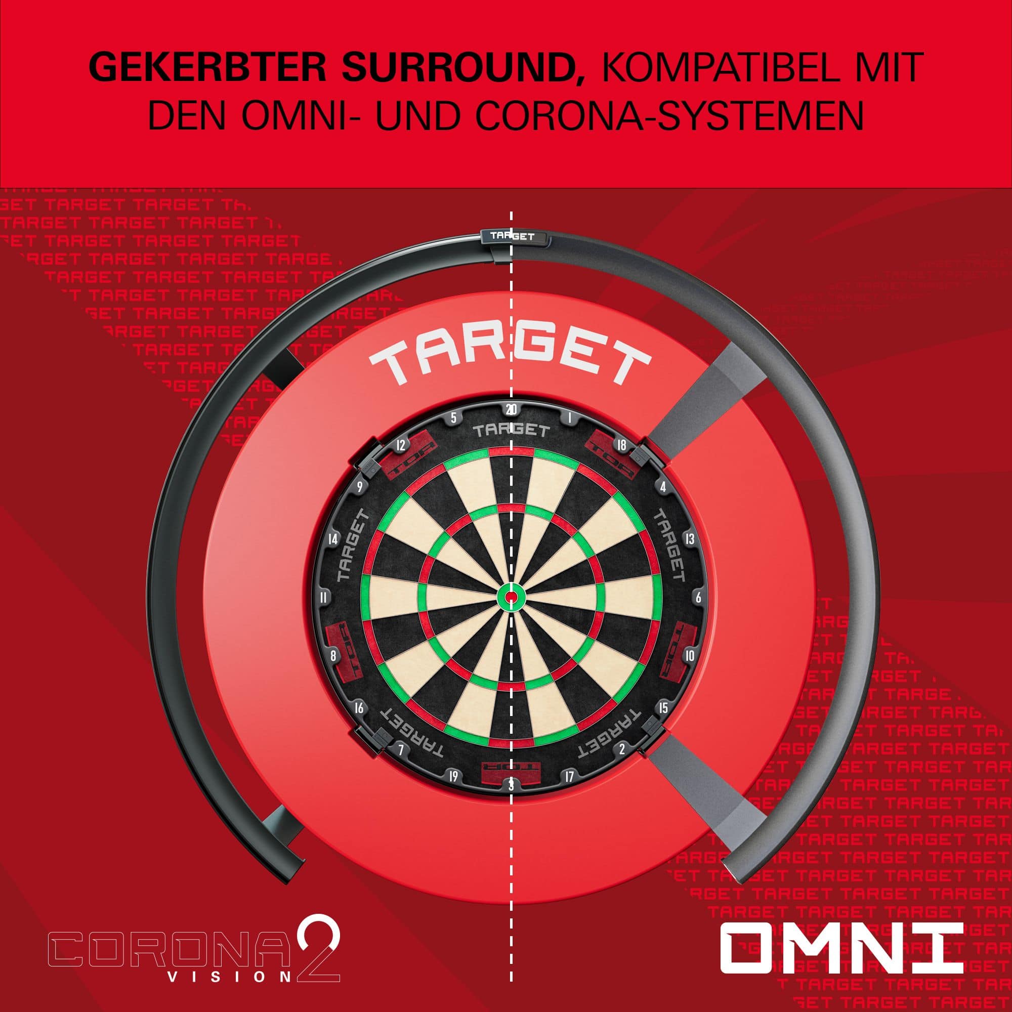 Tarcza do darta z wycięciem Target Eine Nahaufnahme einer roten Dartboard-Umrandung wird präsentiert. Die Farbe ist kräftig.