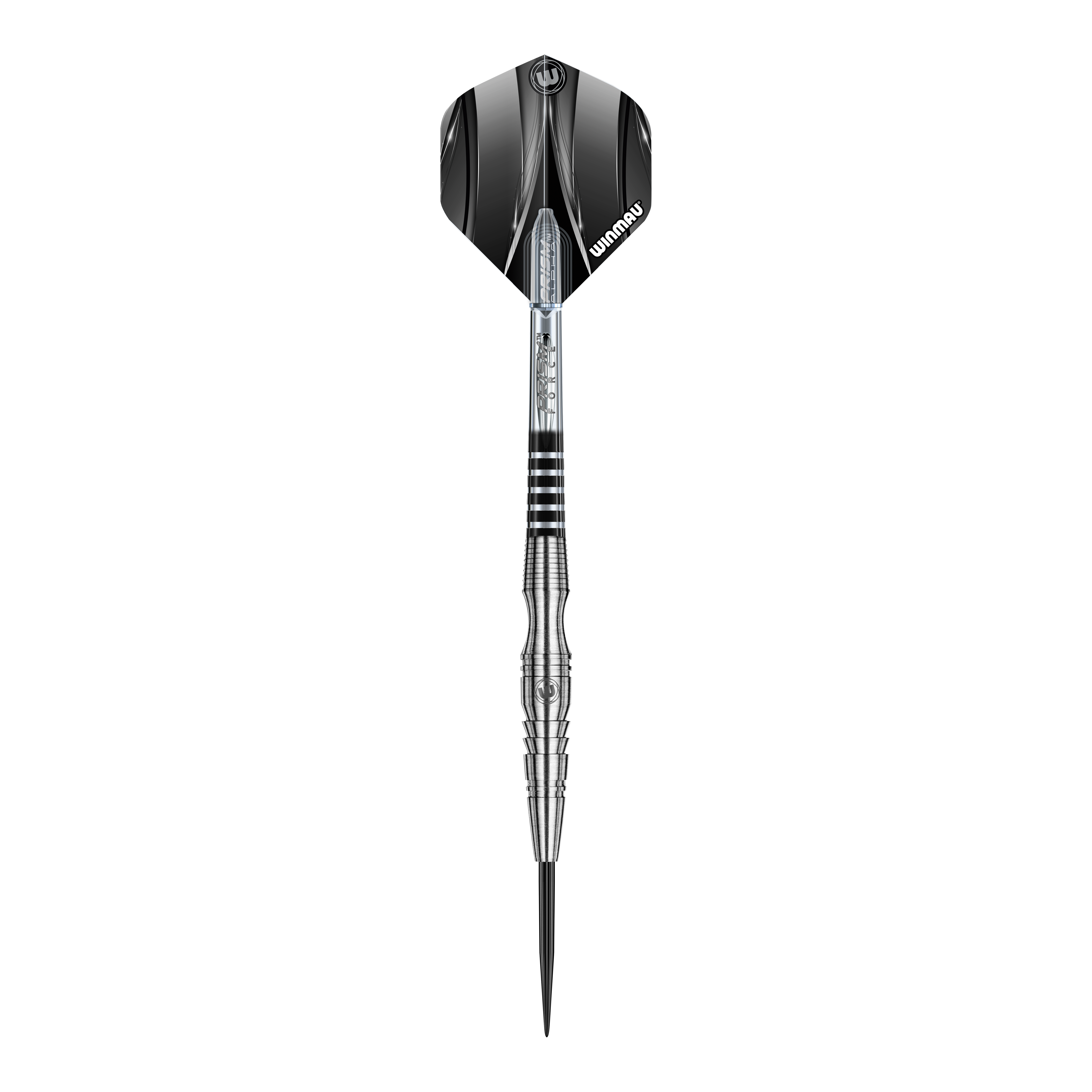 Winmau Sniper V3 Steeldarts Das Bild zeigt einen Winmau Sniper V3 Steeldart. Der Dart hat ein silbernes, geriffeltes Barrel und schwarze Flights mit Winmau-Logo.