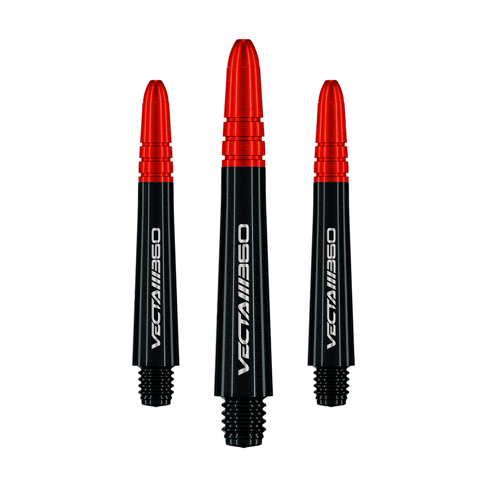Winmau Vecta Blade 360 Shafts - Black Zu sehen ist ein Satz Winmau Vecta Blade360 Shafts in Schwarz mit 40 mm Länge. Die Shafts sind nebeneinander aufgestellt.