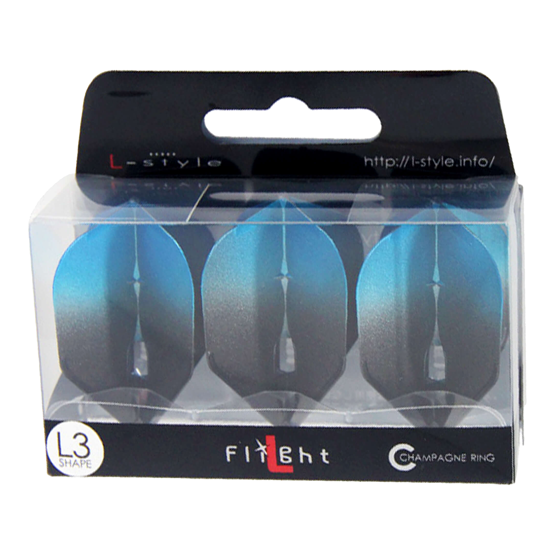 Loty L-Style Two Tone L3PRO Die Verpackung zeigt drei blaue Dartflights der Marke L-style. Auf der Schachtel steht "L3 Shape" und "Champagne Ring".
