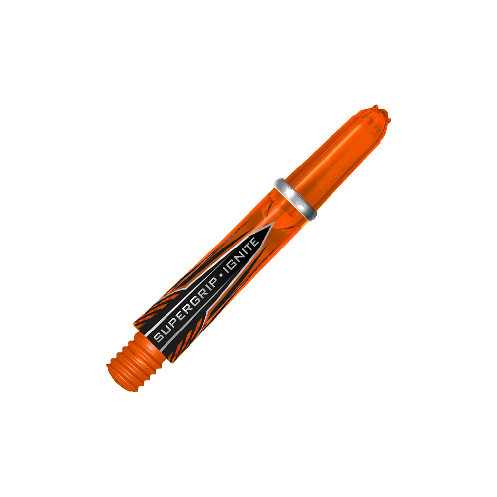Das Bild zeigt einen orangefarbenen Supergrip Ignite Shaft von Harrows. Der Schriftzug „Supergrip Ignite“ ist auf dem Schaft deutlich sichtbar.