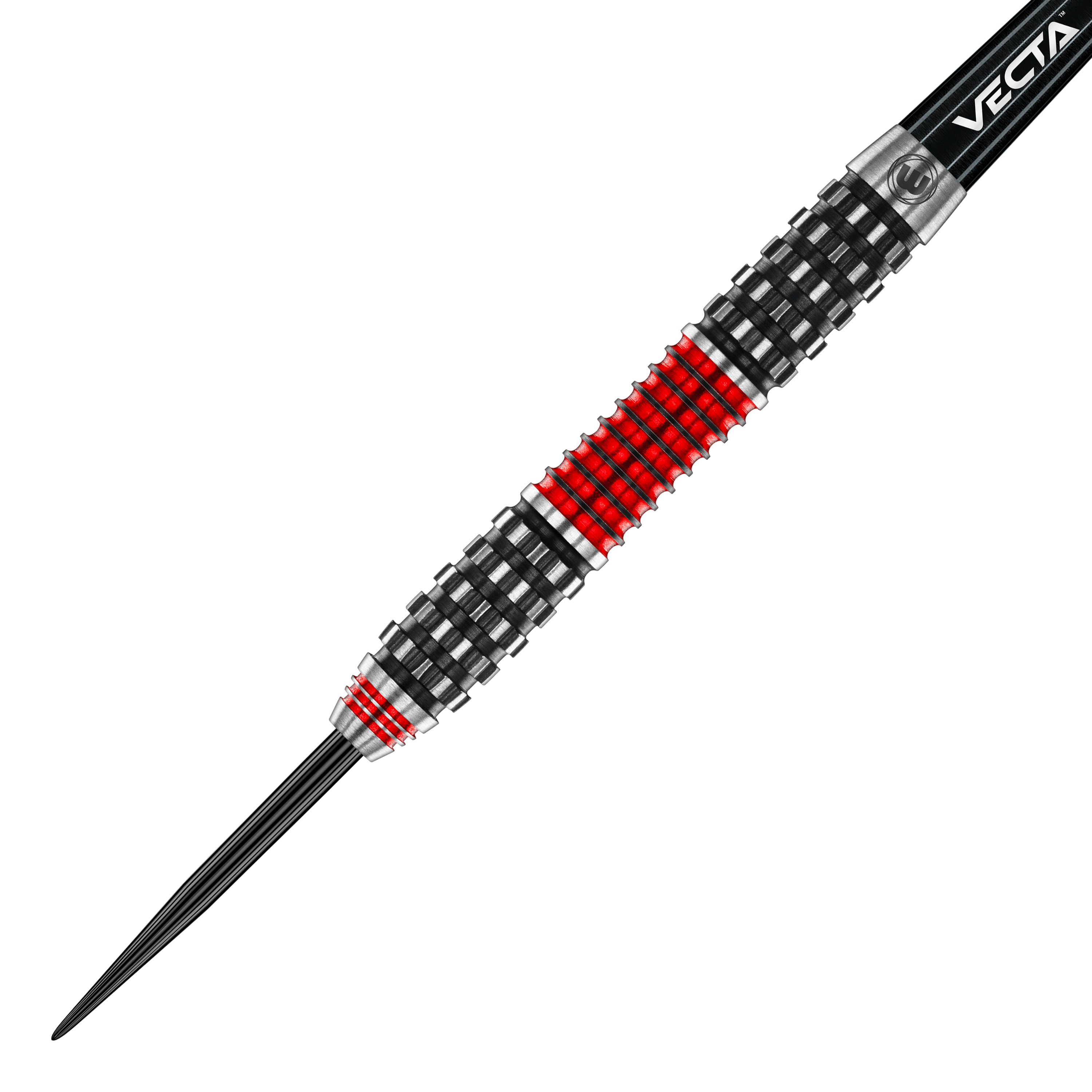 Stalowe lotki Winmau Joe Cullen Rockstar Series RS1 Auf dem Bild ist der Winmau Joe Cullen Rockstar Series RS1 Steeldart zu sehen. Der Dart hat ein schwarzes und rotes Griffmuster mit metallischen Akzenten.