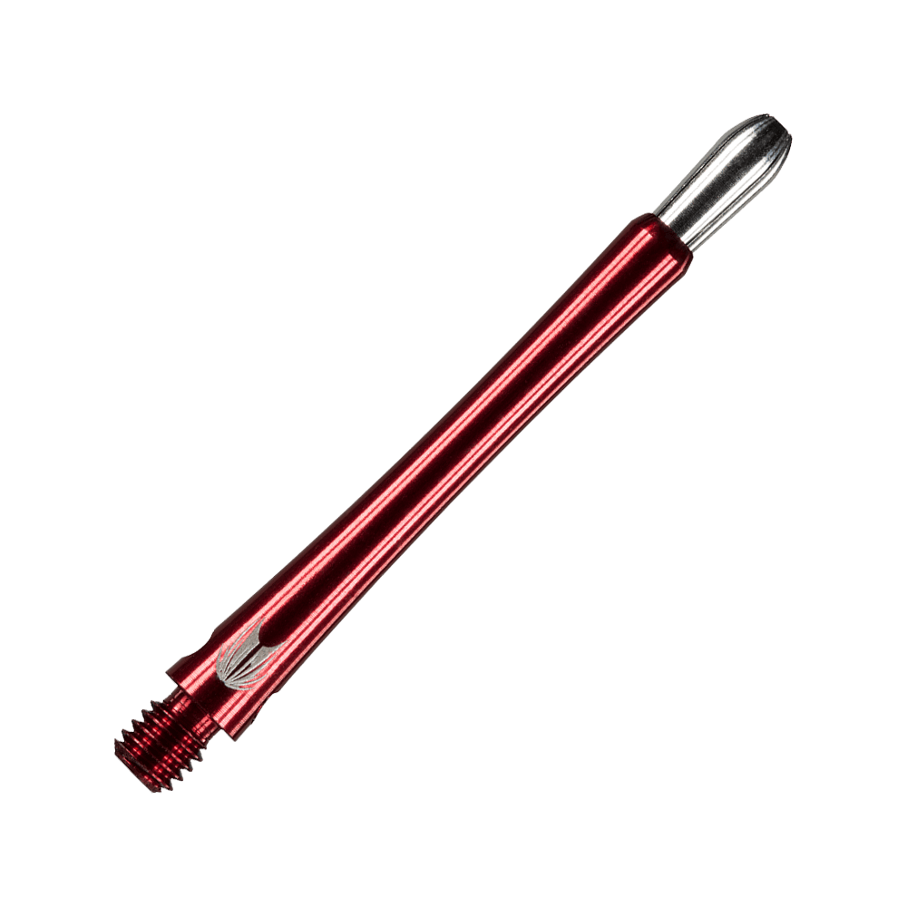 Das Bild zeigt einen roten Aluminium-Dartshaft im Grip-Stil. Das Produkt hat ein glänzendes Finish und ein silbernes Ende.