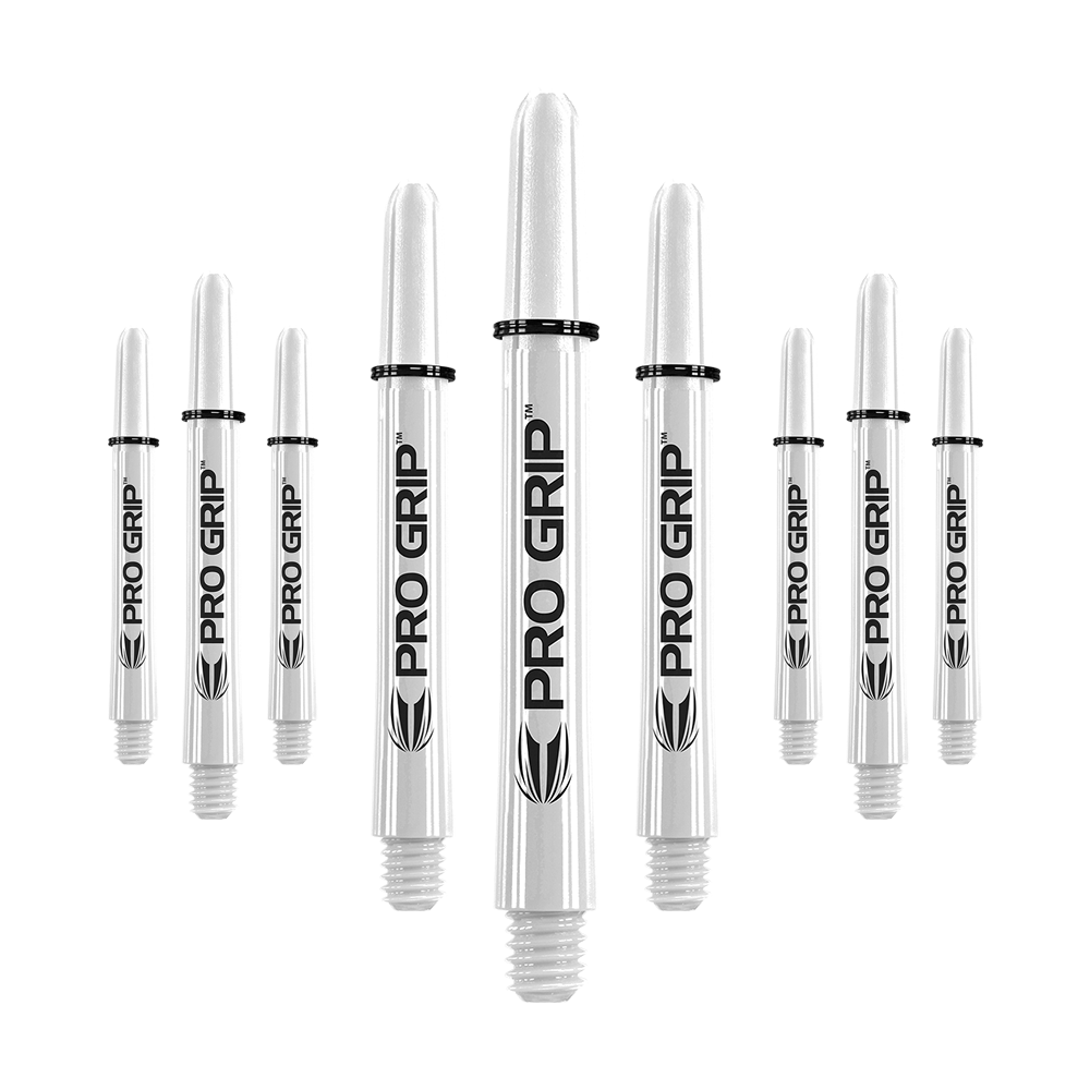 Uchwyty Target Pro Grip - 3 zestawy - białe Das Bild zeigt mehrere weiße Dartschäfte mit der Aufschrift "PRO GRIP". Sie sind in drei Reihen angeordnet und haben schwarze Ringe an der Oberseite.