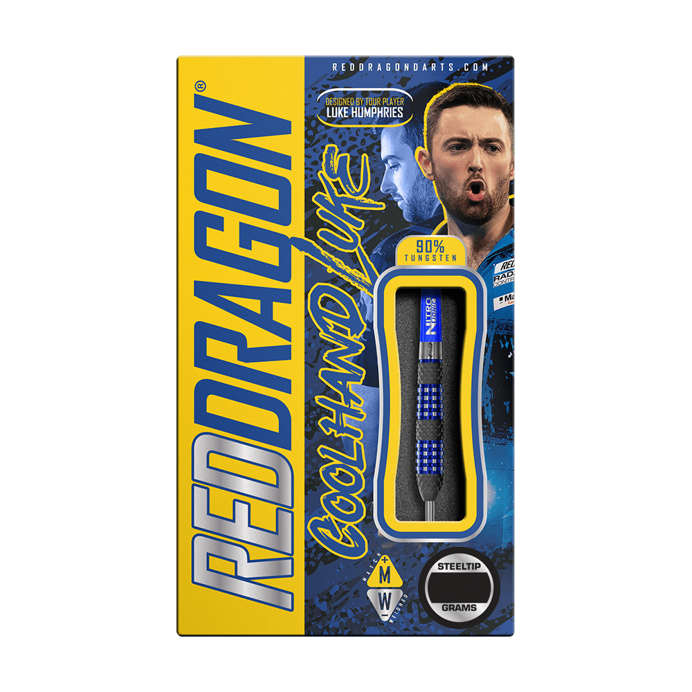 RD2561_Red_Dragon_Luke_Humphries_TX2_Atomized_Steeldarts_3 Die Verpackung zeigt die "Red Dragon Luke Humphries TX2 Atomised Steeldarts". Zu sehen ist auch ein Bild von Luke Humphries und die Darts selbst mit blauem Design.