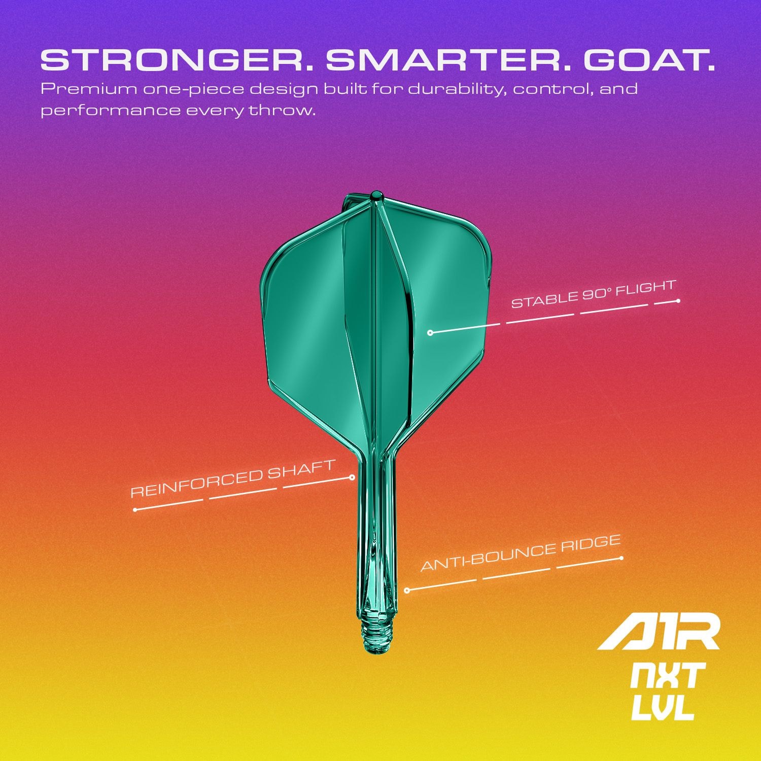 Das Bild zeigt das GOAT A1R No6 Flight-Shaft-System in Grün. Es handelt sich um ein Dartzubehör für professionelle oder Hobbyspieler.