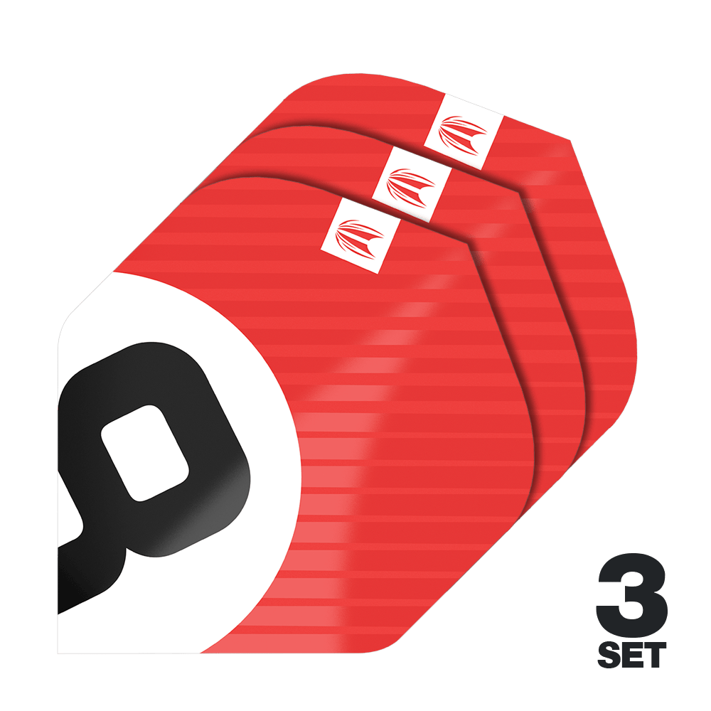 Lotki Target Pro Ultra Chicane Red No2 Standard - 3 zestawy Das Bild zeigt drei Sätze der Target Pro Ultra Chicane Red No2 Standard Flights. Die Flights sind überwiegend rot mit einem weißen und schwarzen Design und werden als 3er-Set angeboten.