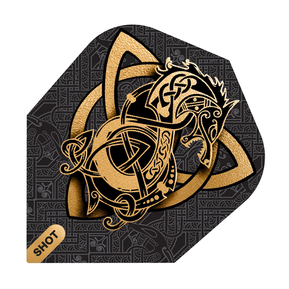 Shot Viking Wolf nr 6 Flights Das Bild zeigt das Produkt "Shot Viking Wolf No6 Flights" mit einem goldenen Wikinger-Wolf Design auf schwarzem Hintergrund. Im Hintergrund sind feine, keltische Muster zu sehen und unten links steht das Wort "SHOT".