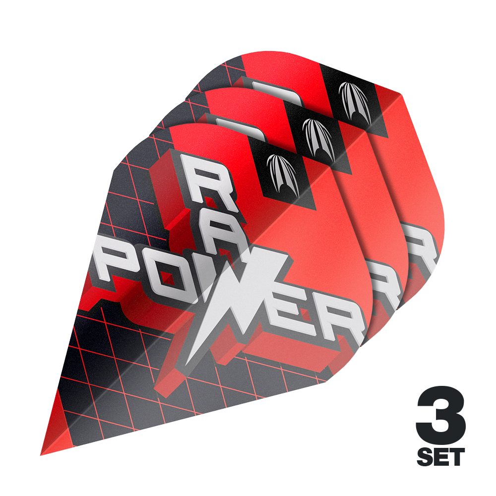 Das Bild zeigt drei Sätze Target Pro Ultra Phil Taylor Power 9Five GEN11 Vapor S Flights. Die Flights sind rot-schwarz gestaltet und tragen den Schriftzug "POWER" sowie ein Blitz-Design.
