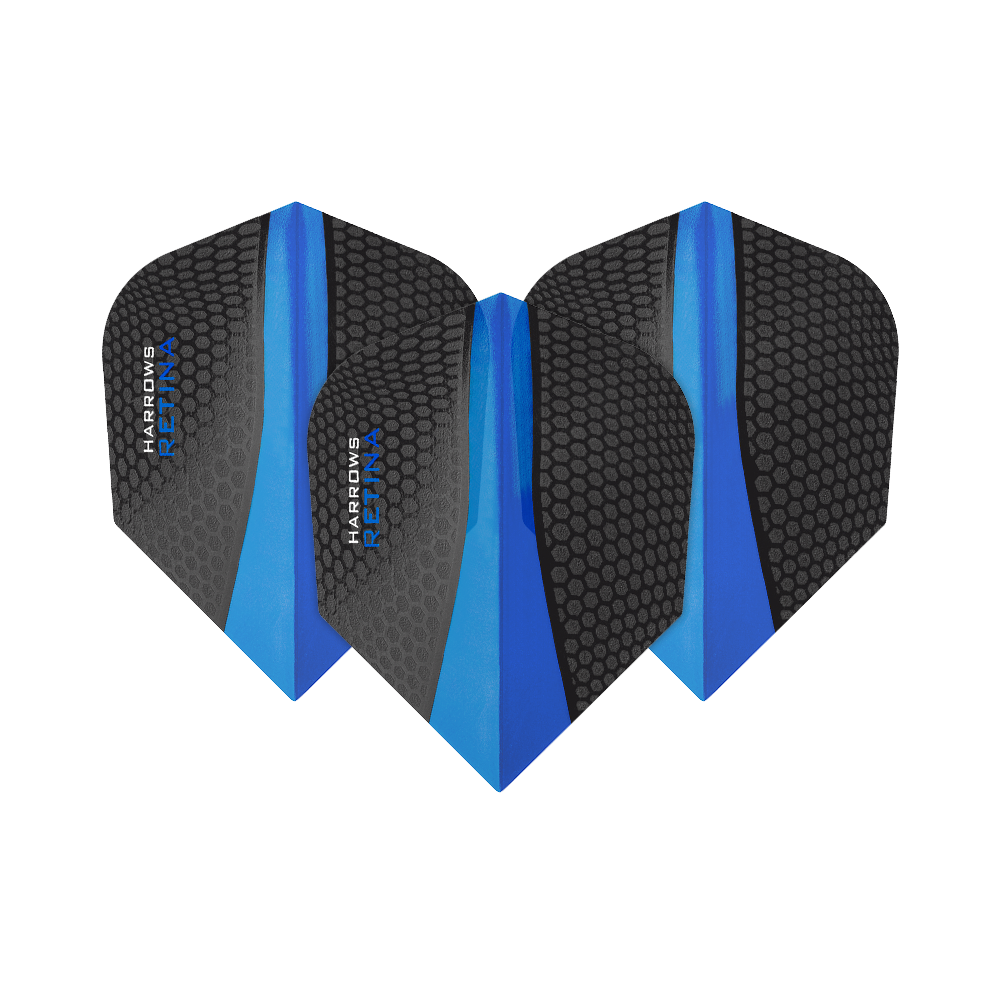 HR5510_Harrows_Retina_Blau_No2_Standard_Flights_1lDr1RrGfnau7Z Das Bild zeigt drei Harrows Retina Blau No6 Flights für Darts. Die Flights sind schwarz mit einem blauen Streifen und Wabenmuster gestaltet.