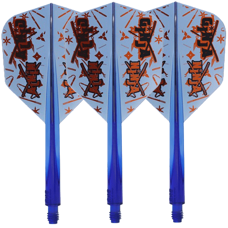 Condor Axe Ginja Ninja Matt Campbell Flight-Shaft - Small Auf dem Bild sind drei blaue Dartflights mit dem Namen "Condor Axe Ginja Ninja Matt Campbell Flight-Shaft - Small" zu sehen. Die Flights haben ein auffälliges Design mit orangen und schwarzen Mustern.
