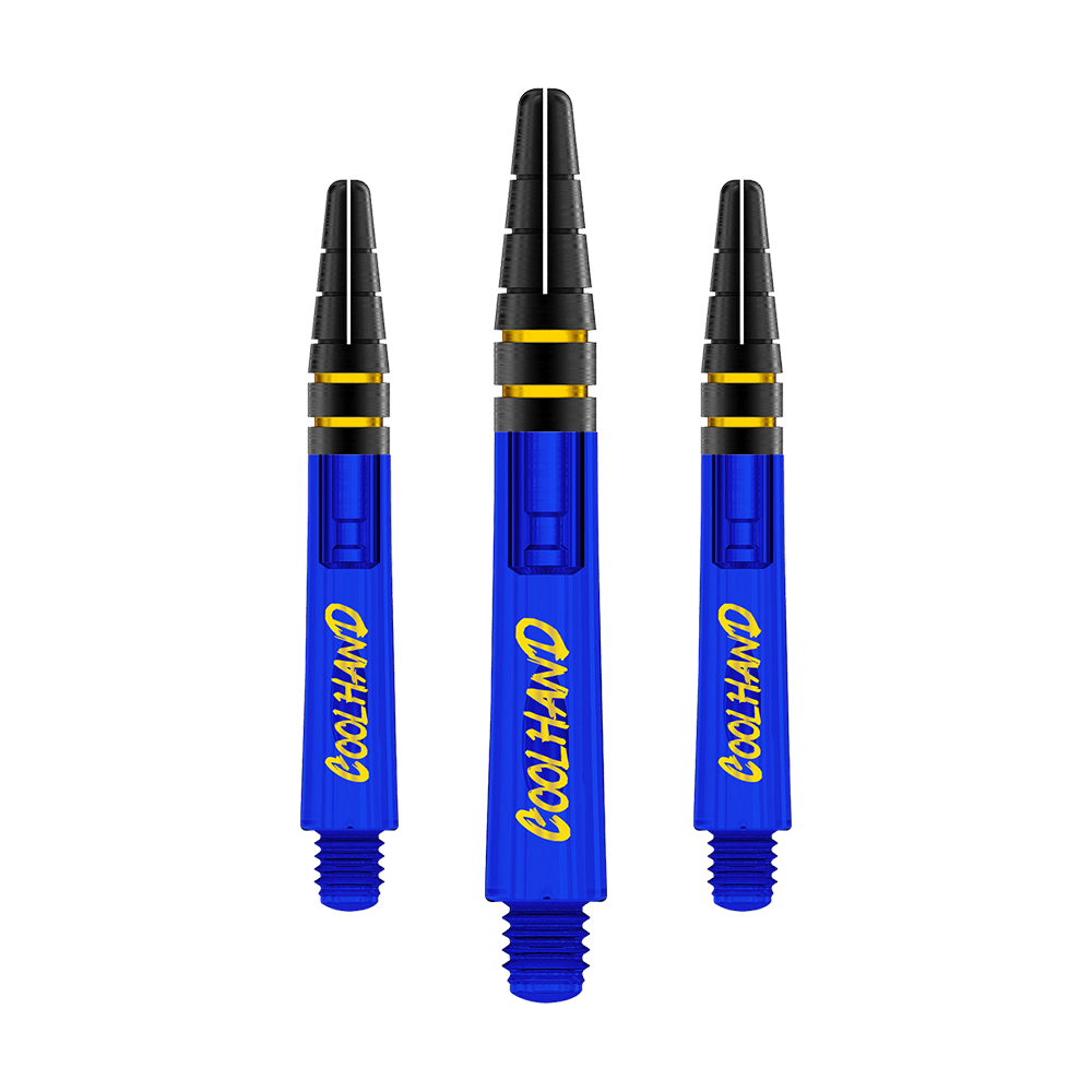 Red Dragon Nitrotech Luke Humphries Coolhand Shafts - Niebieski Das Bild zeigt drei blaue Dartschäfte mit der gelben Aufschrift "COOLHAND". Die Schäfte haben schwarze und goldene Akzente am oberen Ende.