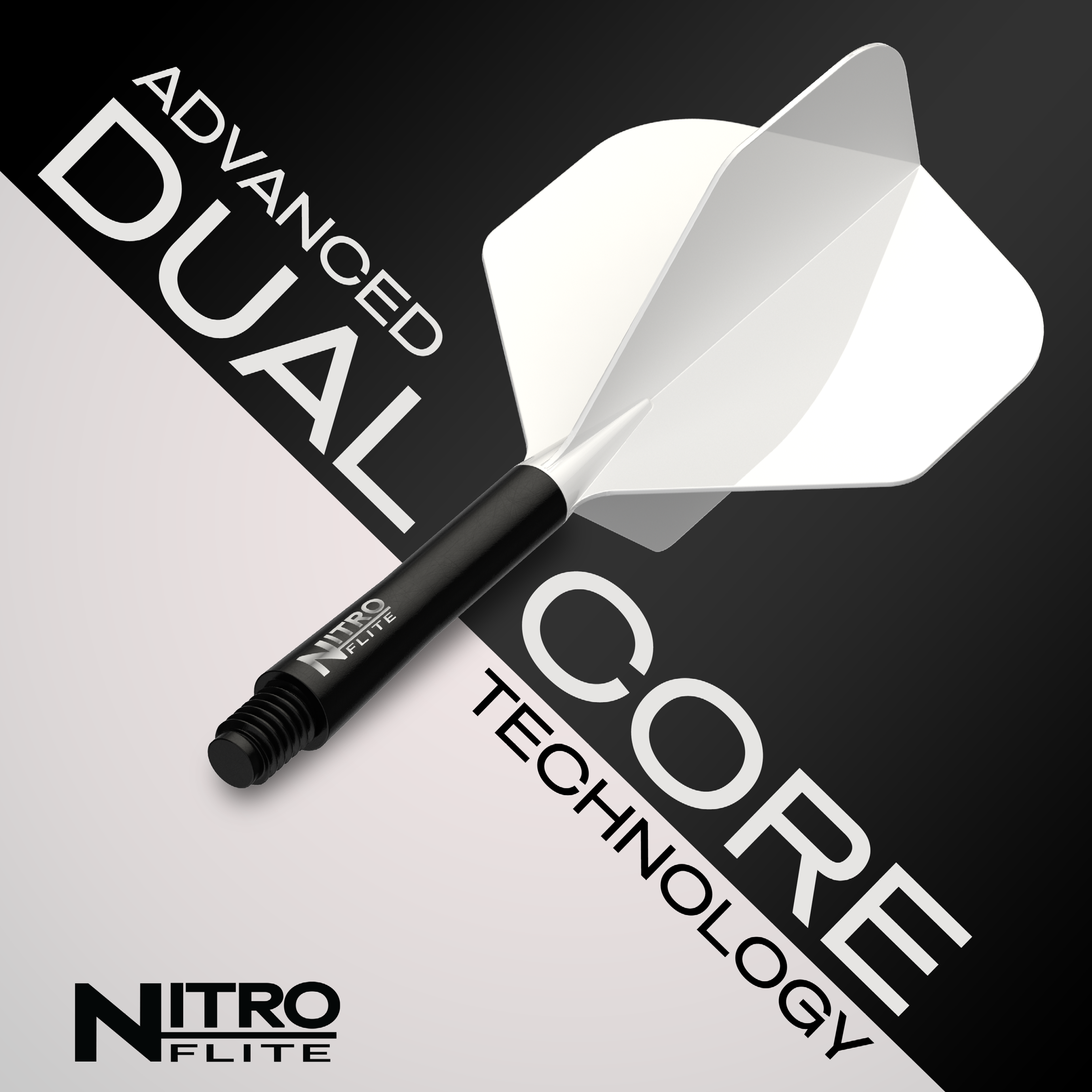 Das Foto zeigt Red Dragon Nitroflite Black Shaft White Flights No2. Es ist ein Dart-Schaft in Schwarz und weiße Flights abgebildet.