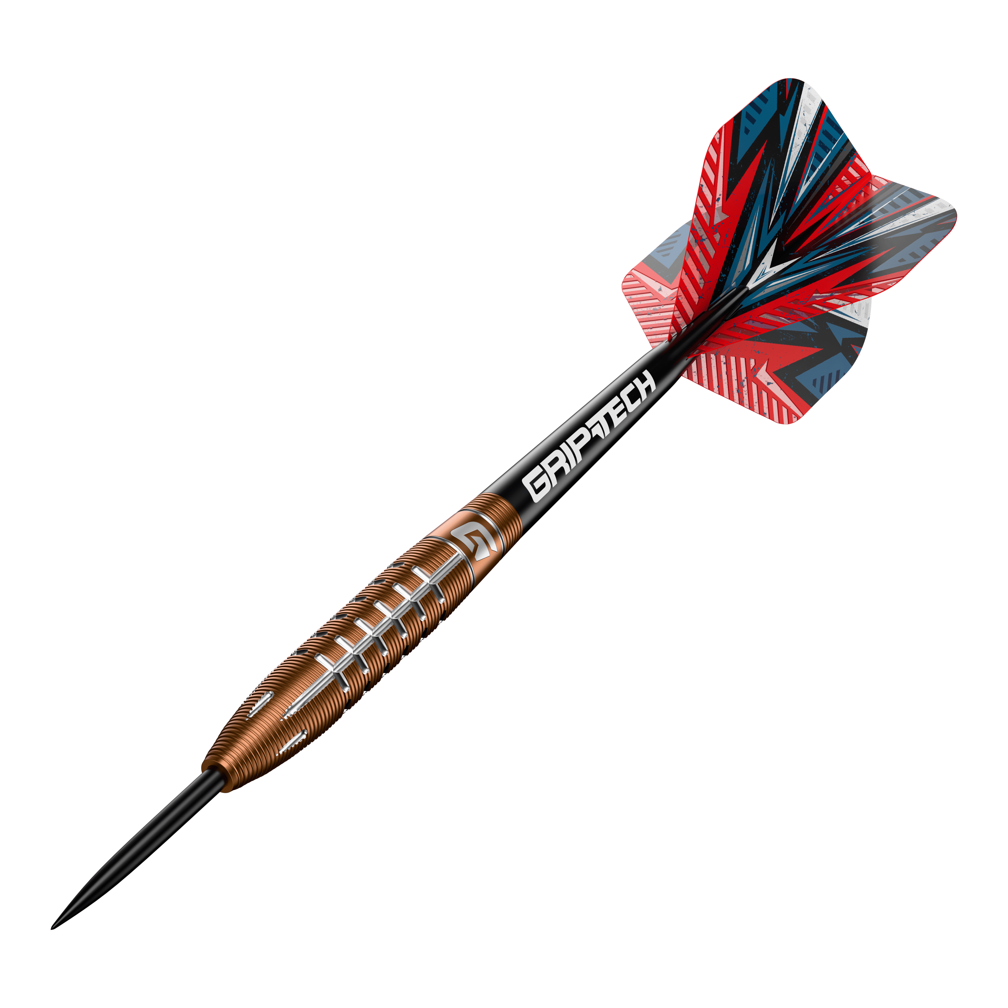 Lotki GOAT Quarterback V2 ze stali wolframowej - 24 g Das Bild zeigt einen Steeldart namens "GOAT Quarterback V2 Tungsten" mit einem Gewicht von 24 Gramm. Der Dart hat ein auffälliges Design mit roten, schwarzen und silbernen Akzenten sowie dem Schriftzug "GRIPTECH" auf dem Schaft.