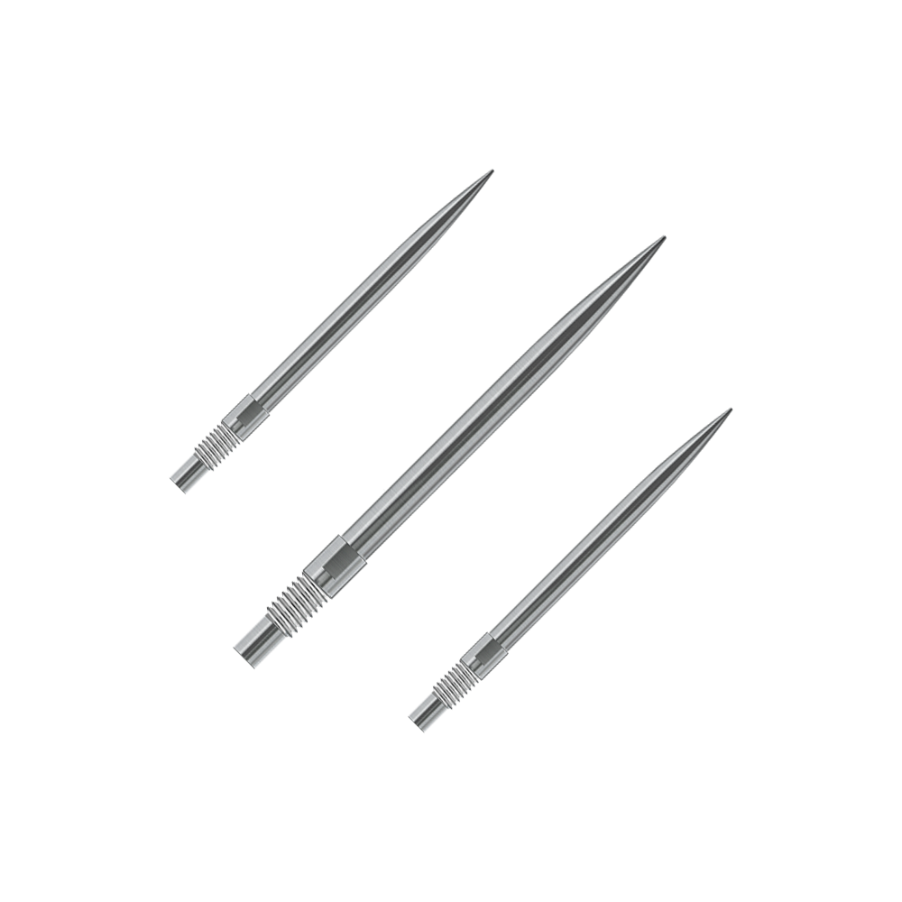 Gezeigt wird ein Set Harrows QuickPoint Dartspitzen in Silber mit 30mm Länge. Dieses Bild verdeutlicht den Lieferumfang der Dartspitzen.