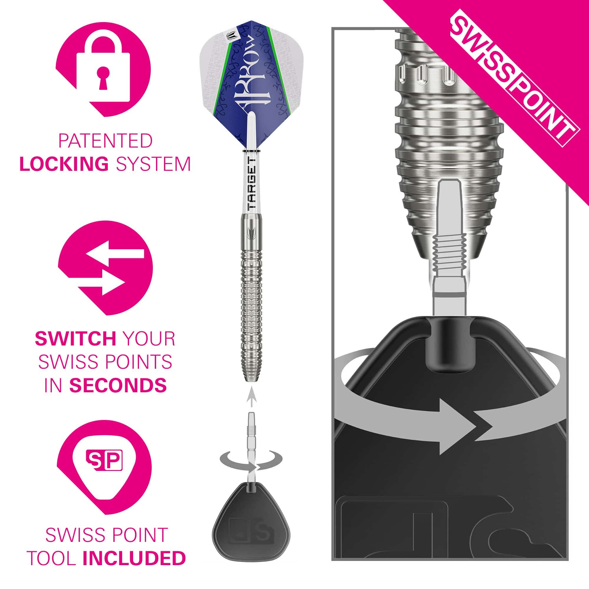 Lotki stalowe Target Shane McGuirk GEN1 Swiss Point - 23g Das Bild zeigt den Target Shane McGuirk GEN1 Swiss Point Steeldart mit einem innovativen Wechselsystem. Mit dem enthaltenen Werkzeug lassen sich die Swiss Points in wenigen Sekunden austauschen.