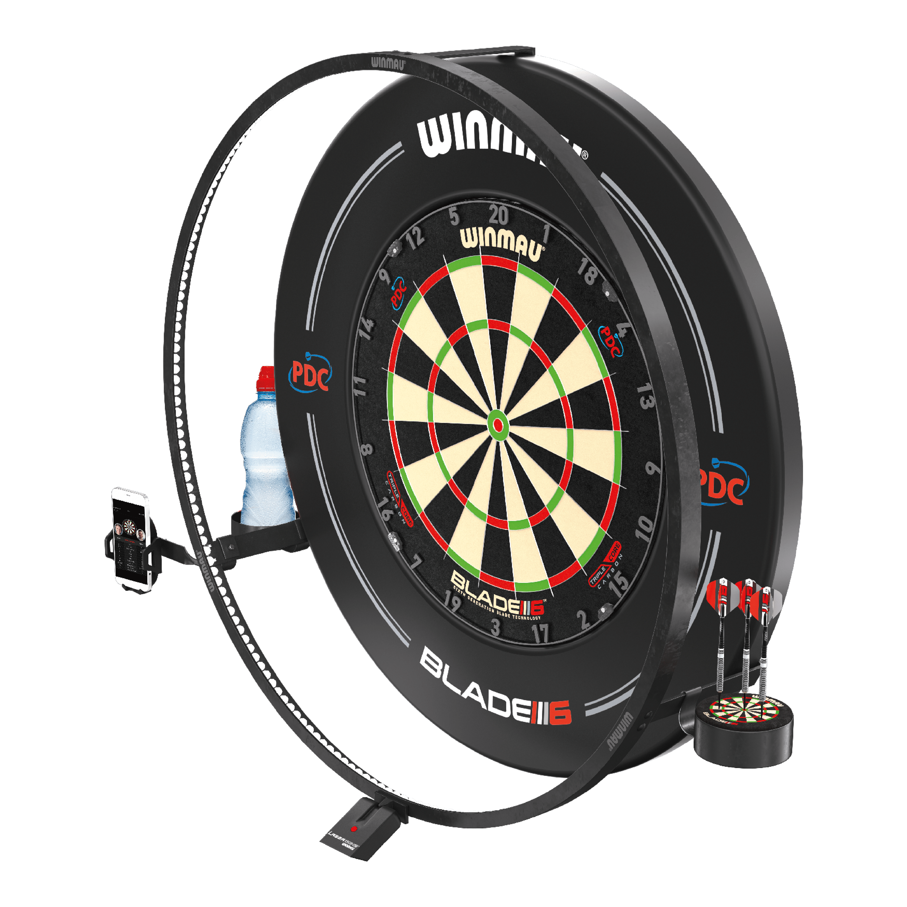 Zestaw akcesoriów plazmowych Winmau Das Bild zeigt das Winmau Plasma Zubehör Set rund um eine Dartscheibe. Es enthält eine LED-Beleuchtung, Halterungen für ein Handy, eine Trinkflasche und Dartpfeile.