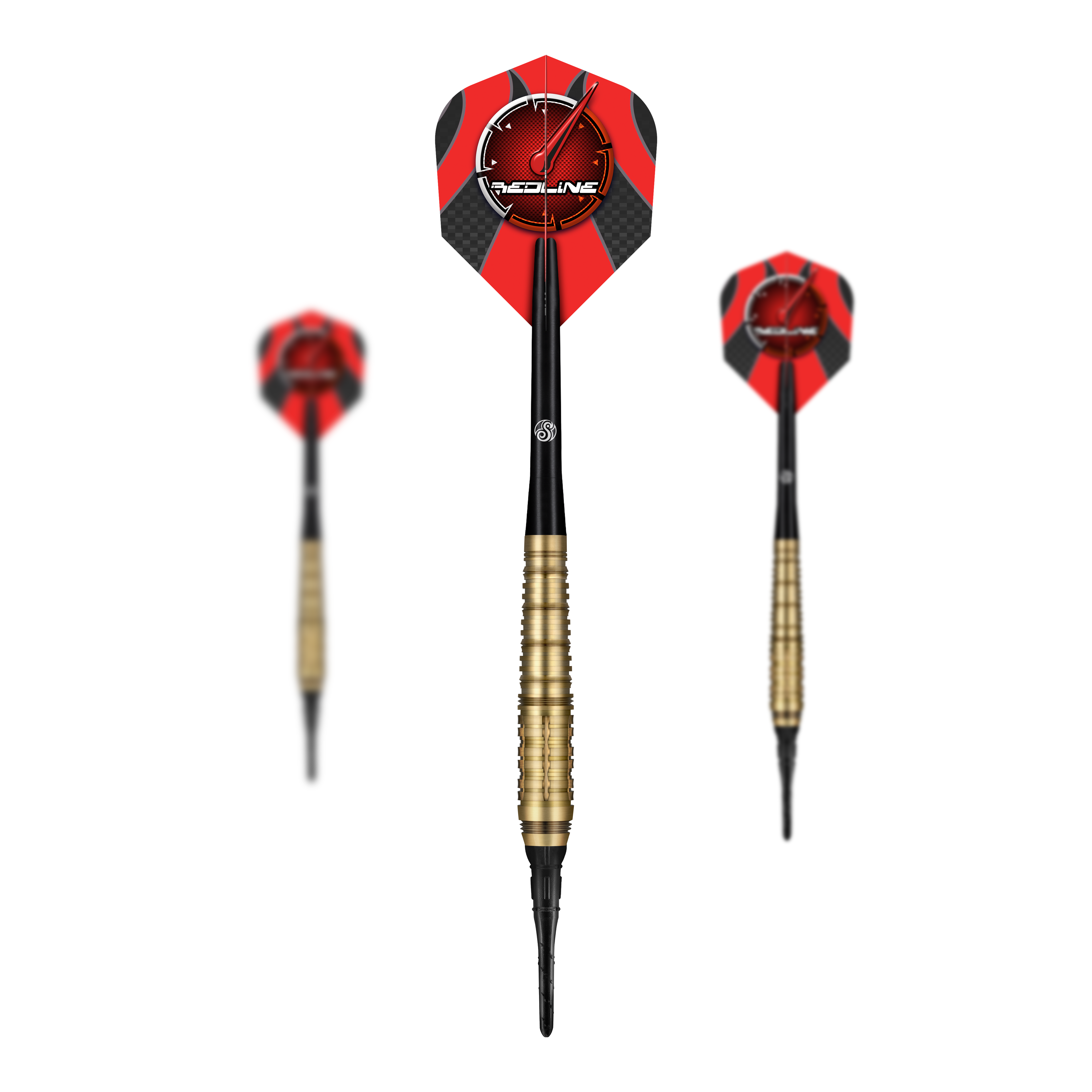 Miękkie lotki Shot Redline Mach 1 - 20g Das Bild zeigt drei Softdarts des Produkts „Shot Redline Mach 1“ mit einem Gewicht von 20g. Die Darts haben rote Flights mit schwarzem Muster und goldenen Griffen.