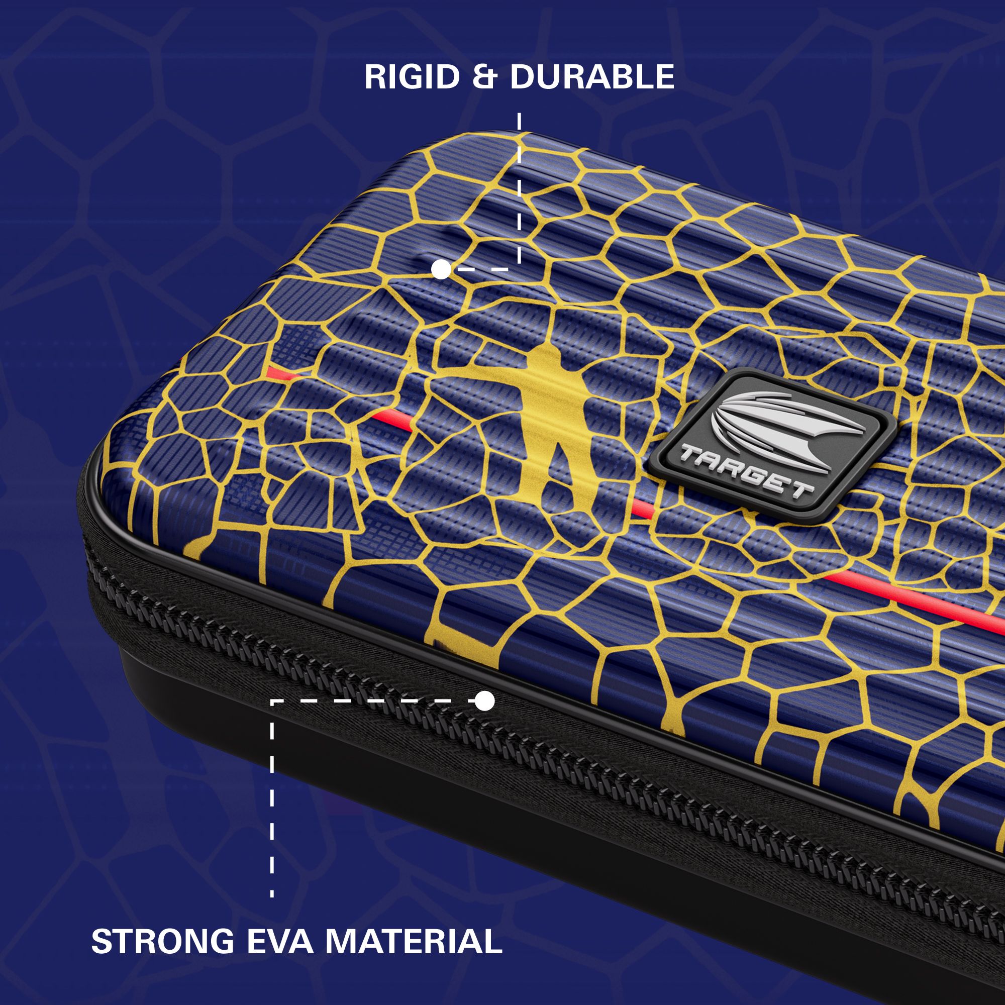Etui na lotki Target Takoma Josh Rock XL Das Bild zeigt das Target Takoma Josh Rock XL Dartcase mit einem blauen und gelben Wabendesign. Es wird auf die robuste und langlebige Struktur sowie das starke EVA-Material hingewiesen.