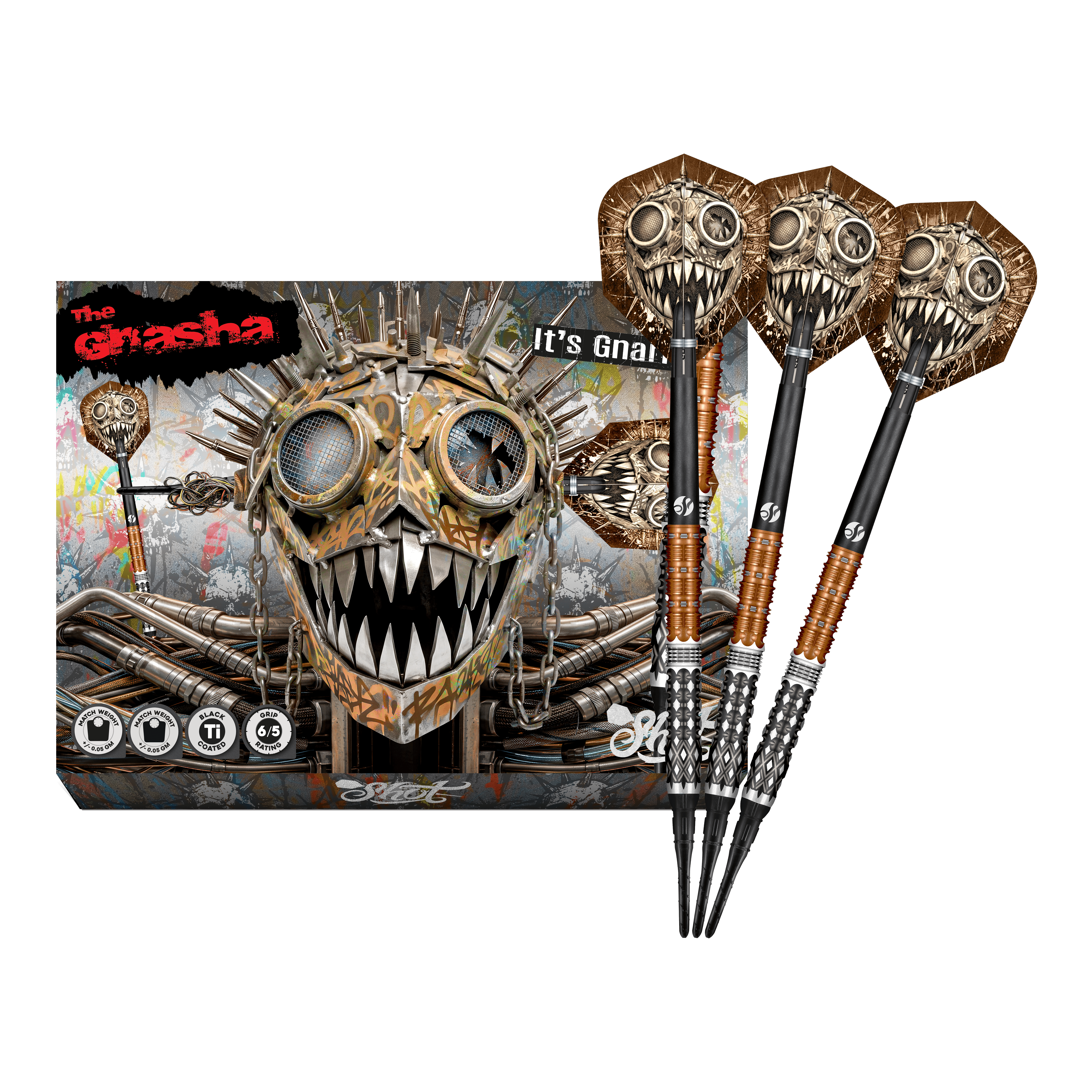 Shoty Gnarly Gnasha Soft Darts - 20g Das Foto zeigt die vollständigen Shot Gnarly Gnasha Softdarts - 20g. Diese Softdarts zeichnen sich durch ein modernes Design aus.