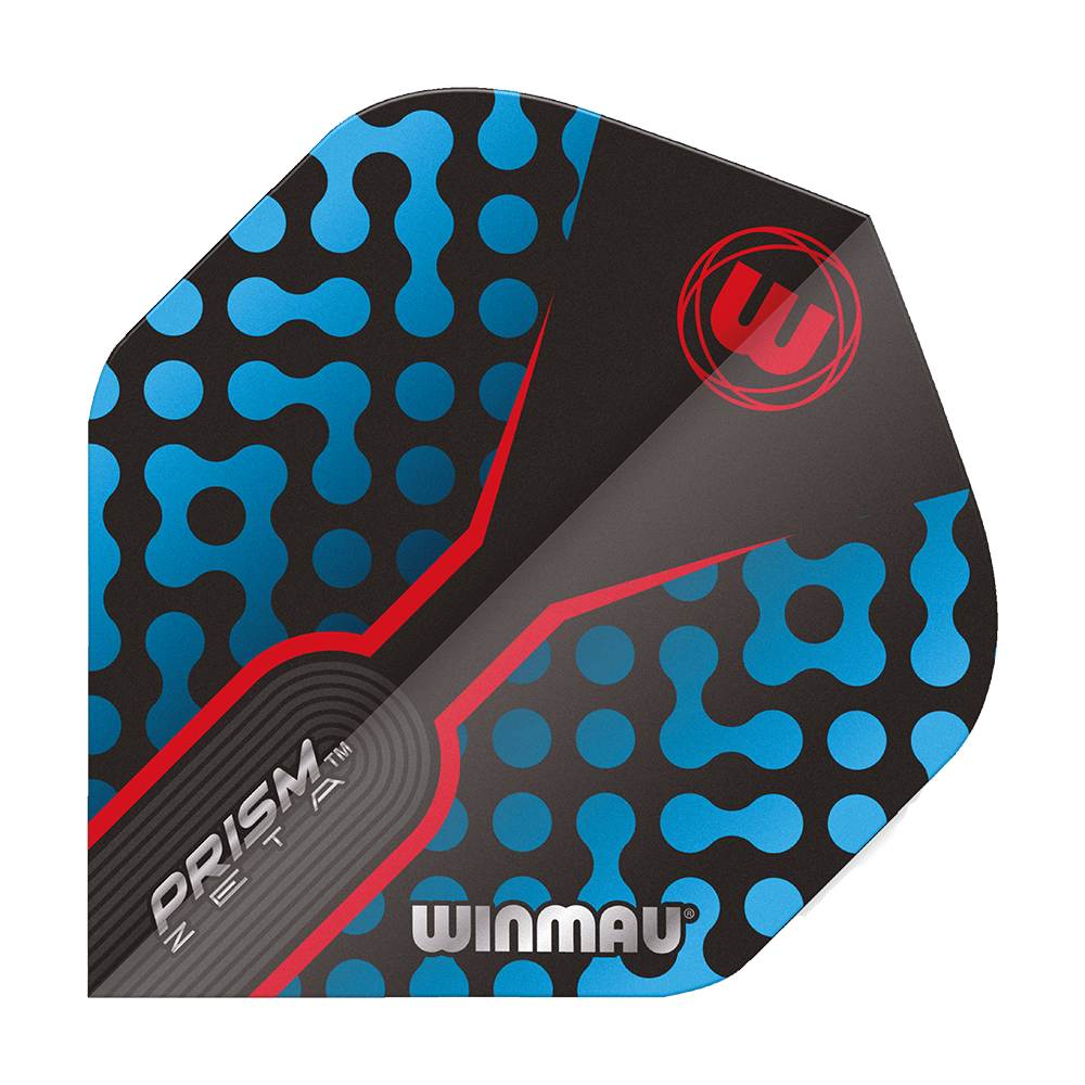 Dies ist ein Winmau Prism Zeta BlueRed Standard Flight für Dartpfeile. Das Design zeigt blaue Muster auf schwarzem Hintergrund mit roten Akzenten und dem Winmau-Logo.