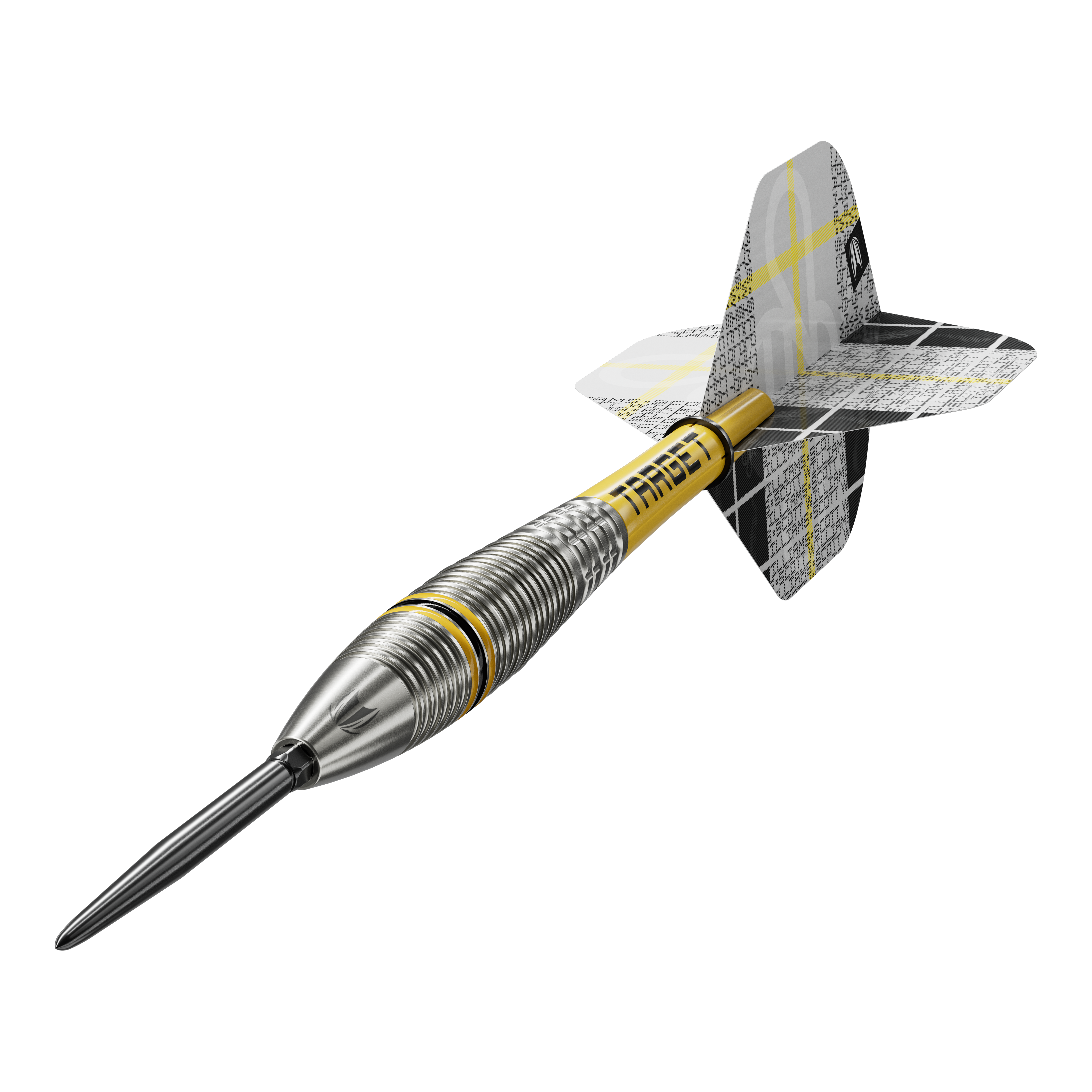 Target Scott Williams GEN2 Swiss Point Steeldarts Auf dem Bild ist ein Target Scott Williams GEN2 Swiss Point Steeldart zu sehen. Der Dartpfeil hat ein silbernes, geriffeltes Barrel und gelbe Akzente sowie moderne Flights.